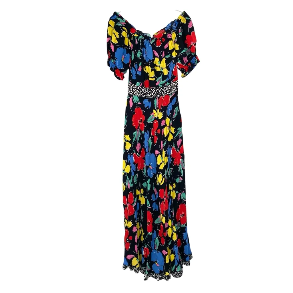 Rixo London Floral Off the Shoulder Puff Maxi Dress Black Size 8 - Image 4