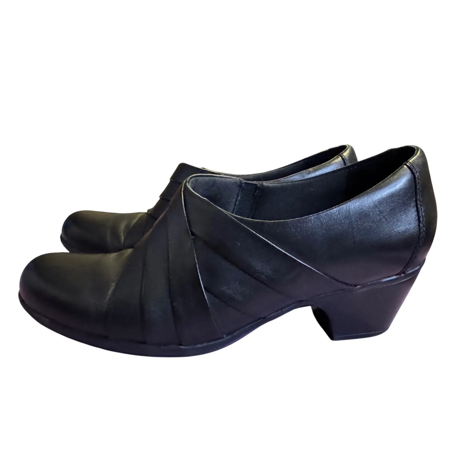 Clarks 7.5 Wide Y2K Era Black Leather Low Block Heel Slip On Comfort Clog - Image 2