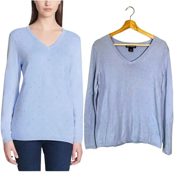 DKNY Women's Small Long Sleeve V-Neck Rhinestone Embellished Y2K Knit Sweater - Image 2