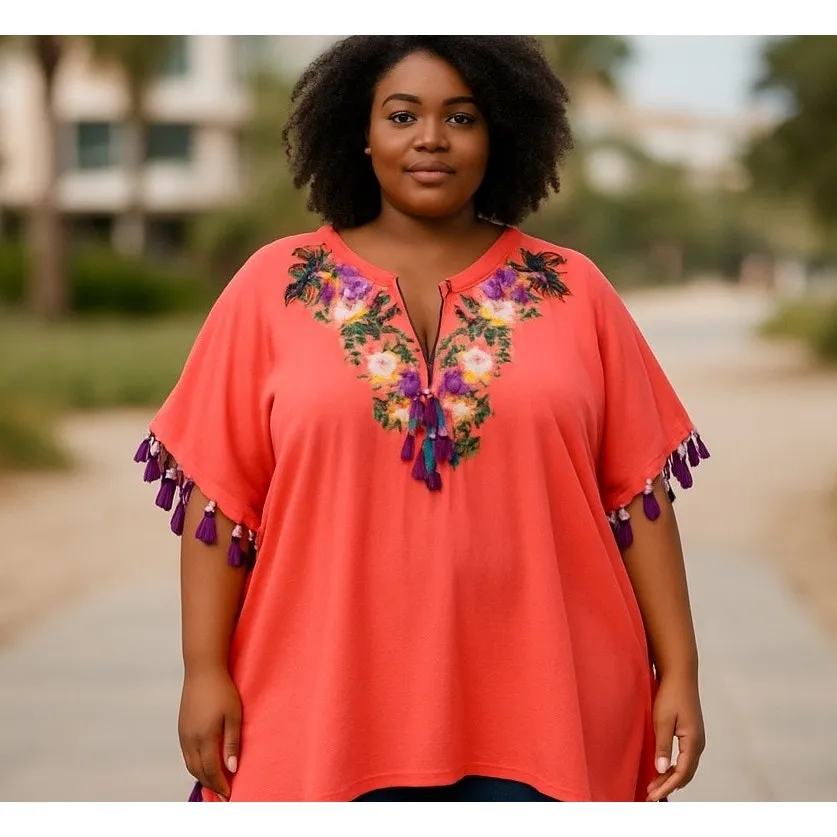 Roamans Top Poncho NWOT 3X 30/32 Embroidery Sequins Tassel Tie Art to Wear Orange - Image 2