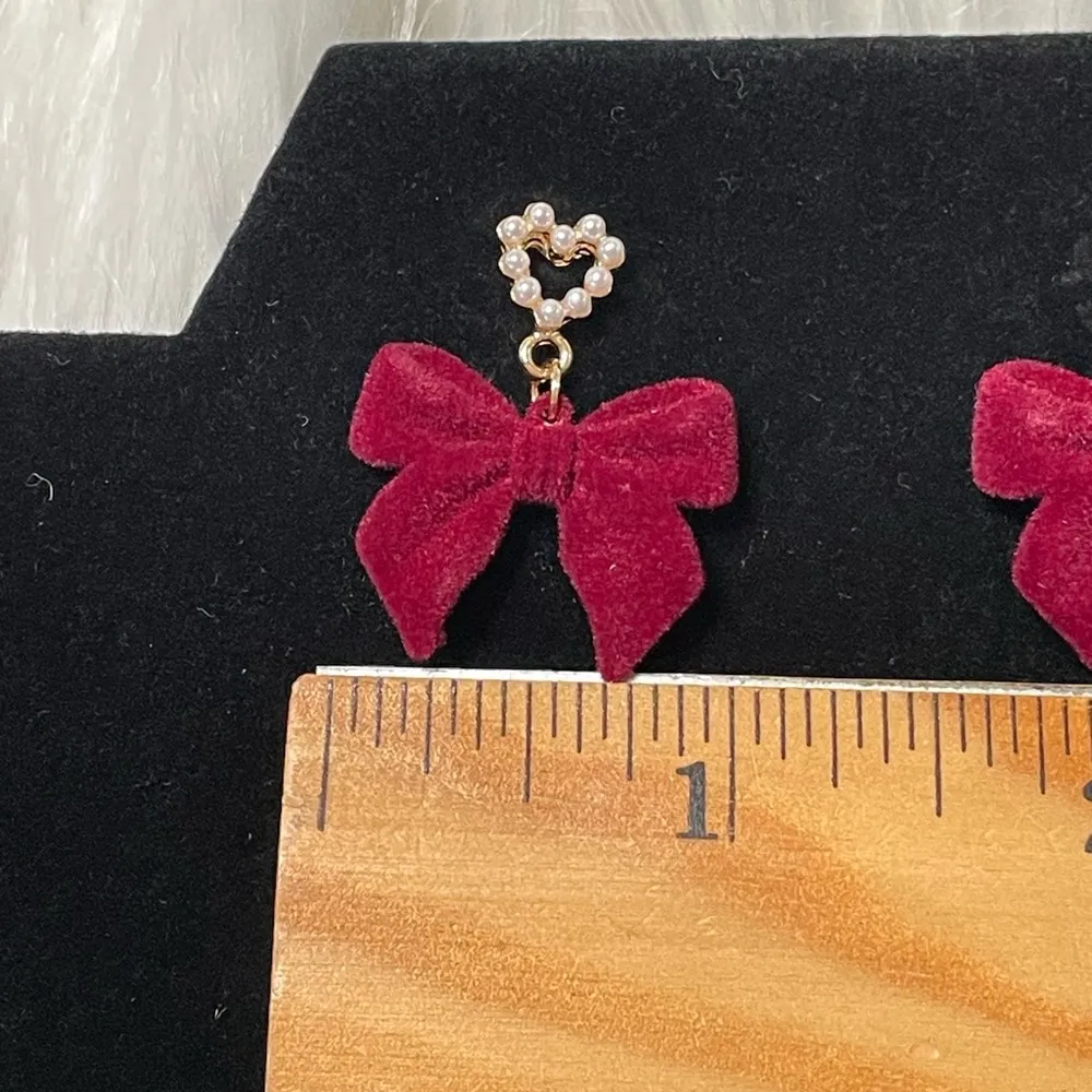 Red Bow Earrings with Pearl Accents - Image 4