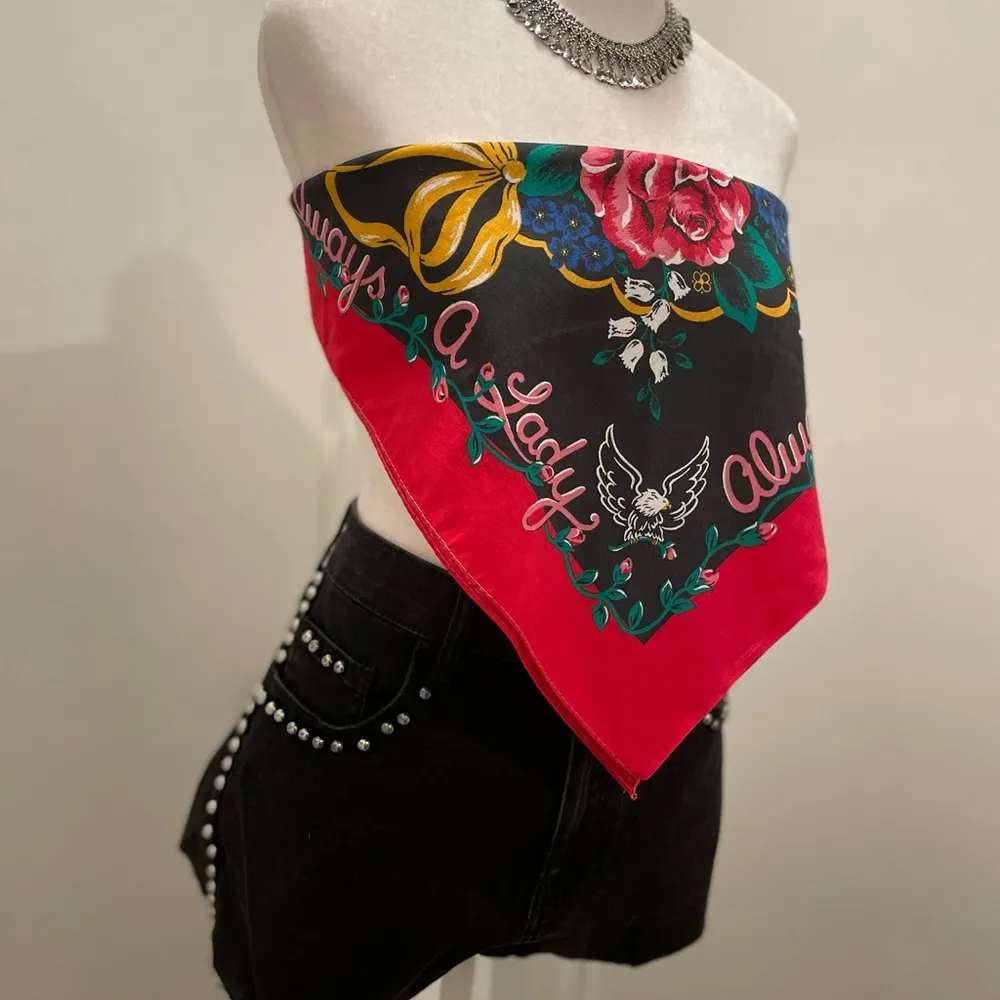 VTG "Always a Lady" Black & Red Multicolor Rose Floral Print Bandana Crop Top - Image 14