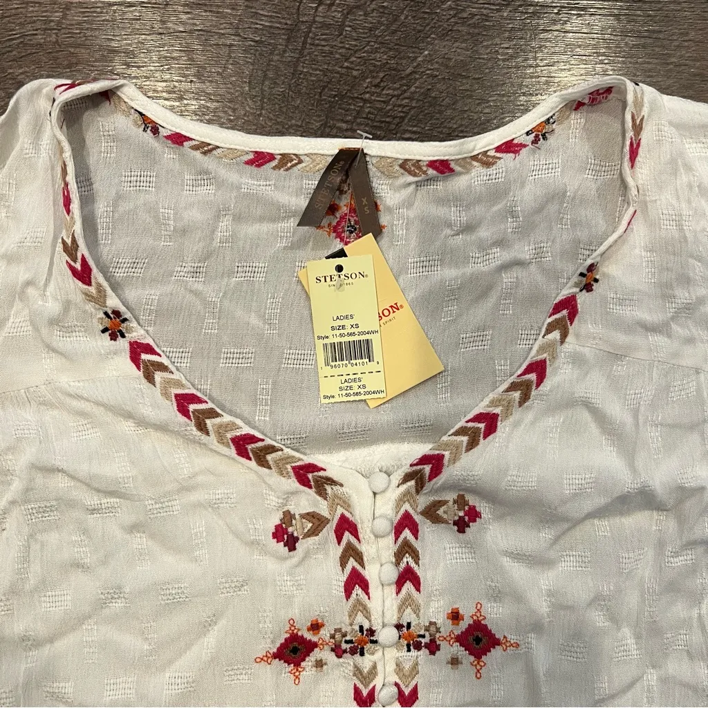 Stetson NWT  Boho Embroidered Dobby Peasant Blouse Size XS - Image 5