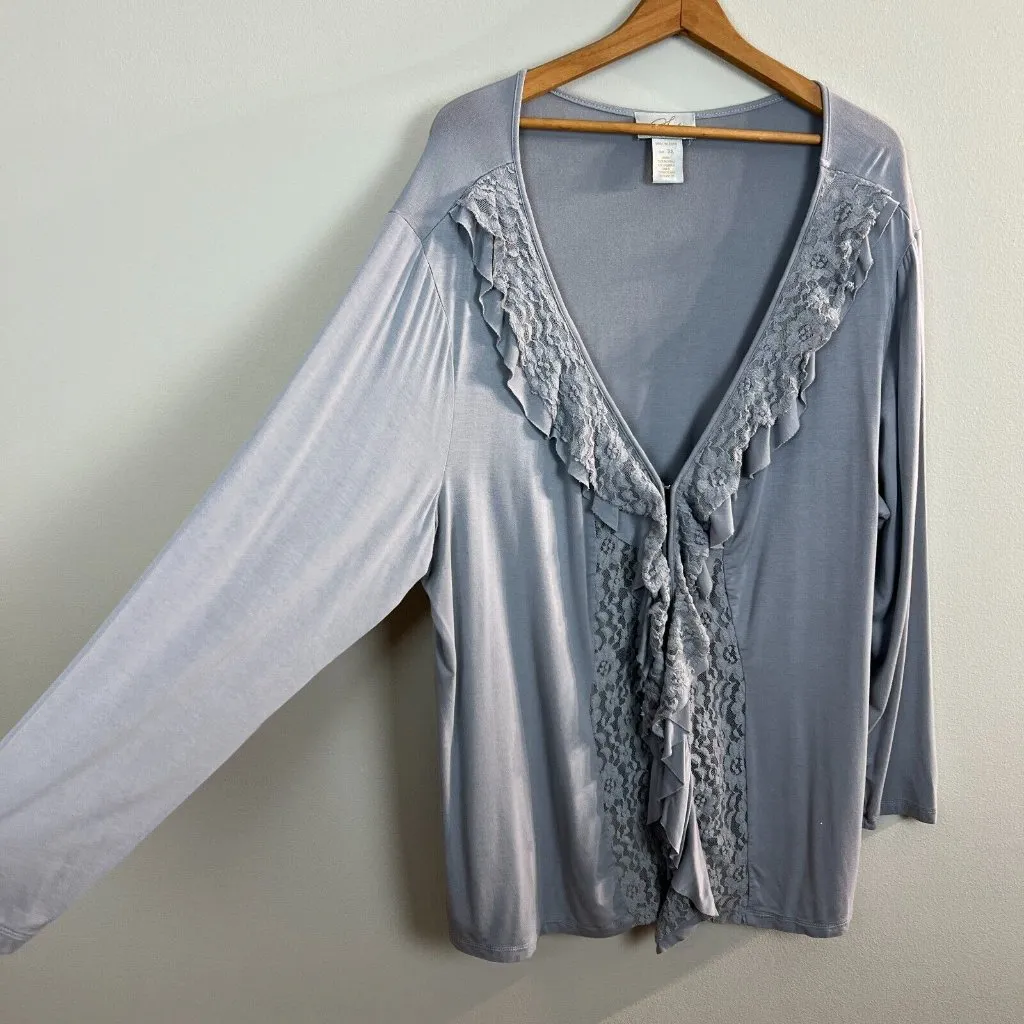 Midnight Velvet‎ Cardigan Top 3X Gray Lace Ruffle Knit V - Image 2