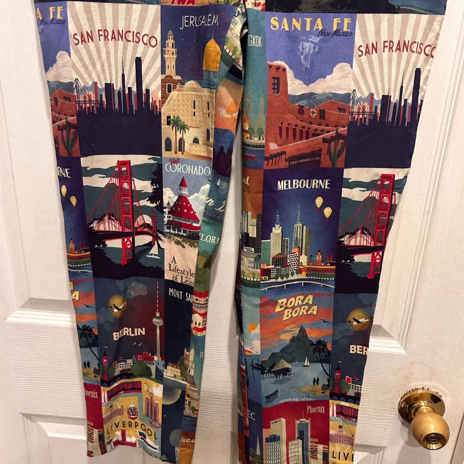 Charlie B Women's Travel Collage Print Pants 14 Mid Rise Pull On Elastic Waist Blue - Image 5