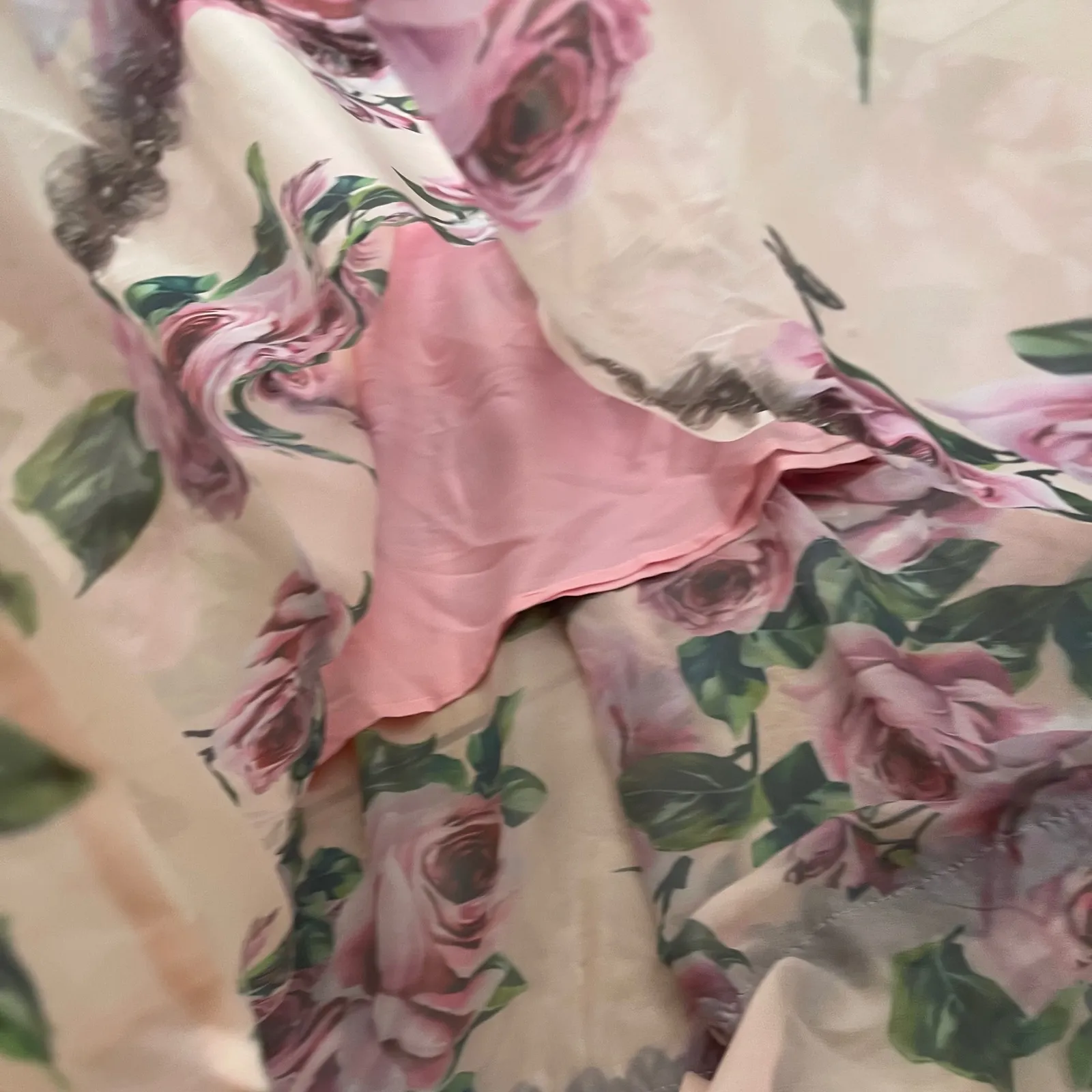 Vicky and Lucas Maxi Dress Floral Rose Print Black Lace Trim Lined Womens L/G Pink Size L - Image 6