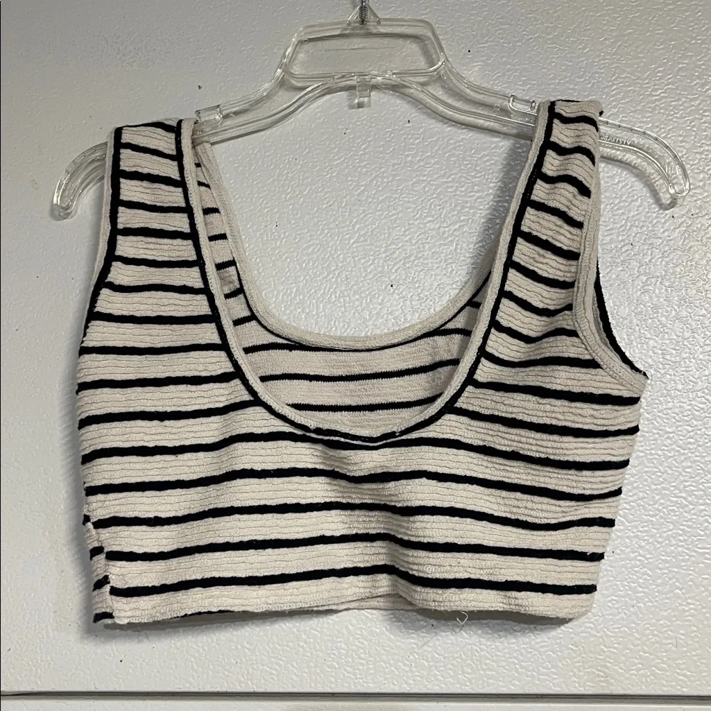 FREE PEOPLE BEACH STRIPED CROP TOP BLOUSE BLACK CREAM XS - Image 4