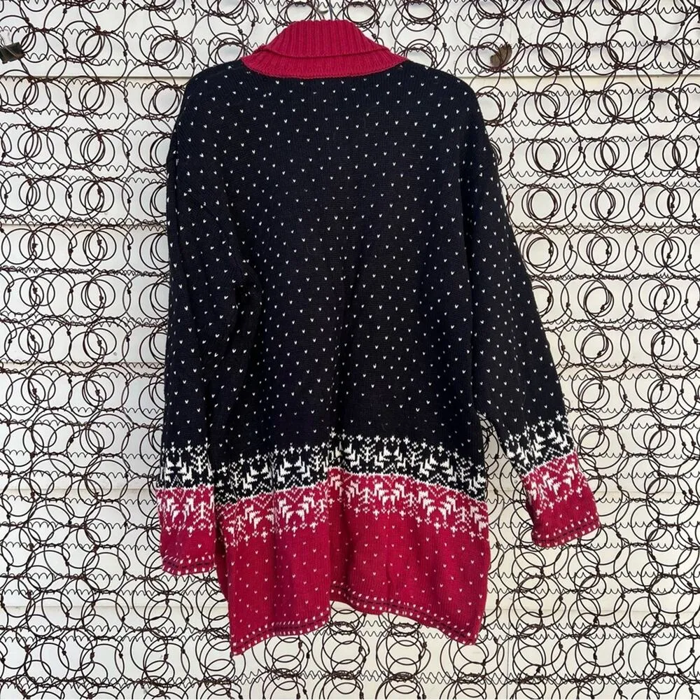 Vintage 90s Red Black Snowflake Christmas Fair Isle Turtleneck Tunic Sweater Size XL - Image 3