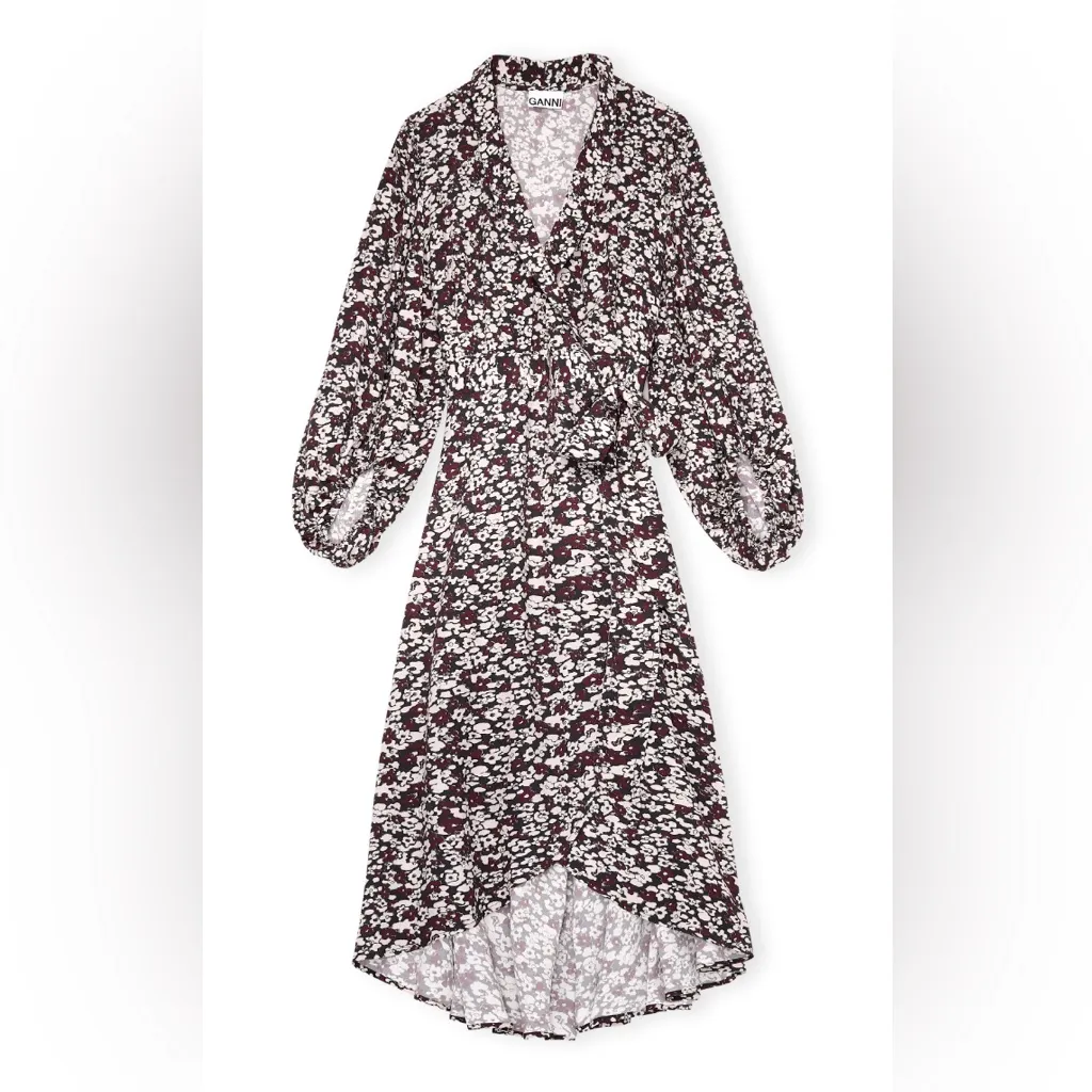 GANNI Printed Crepe Wrap Midi Dress, Red, FR36 - Image 5