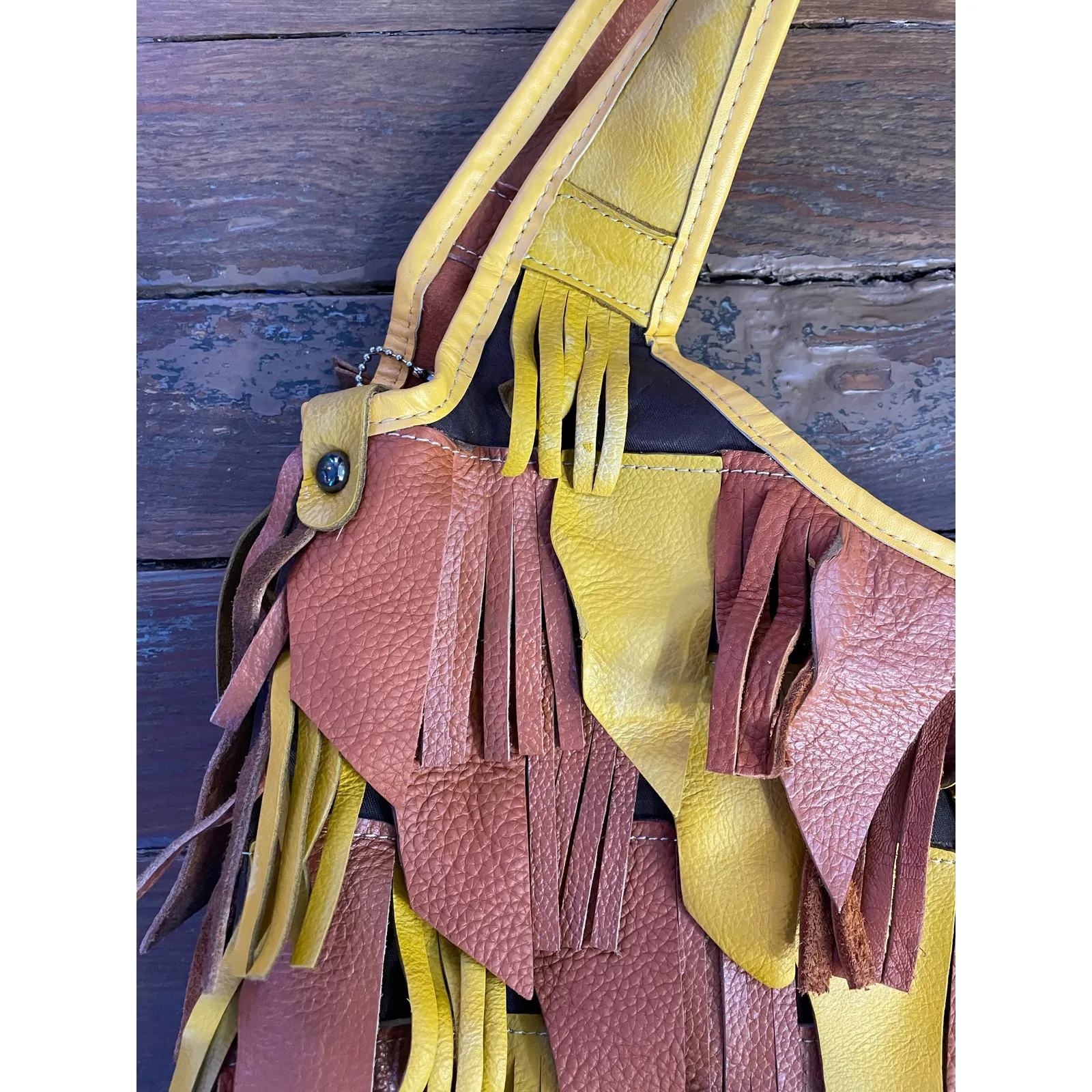 Chaos Leather Fringe Boho Shoulder Bag Yellow Brown Festival Hobo - Image 6