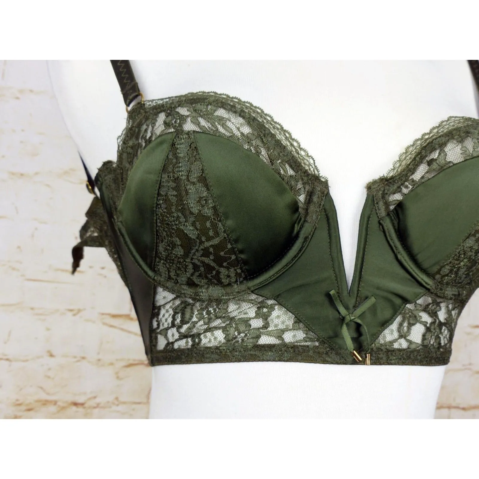 Victoria’s Secret Very Sexy Bustier Demi Bra 32C Olive Green Lace Satin Pin Up - Image 6