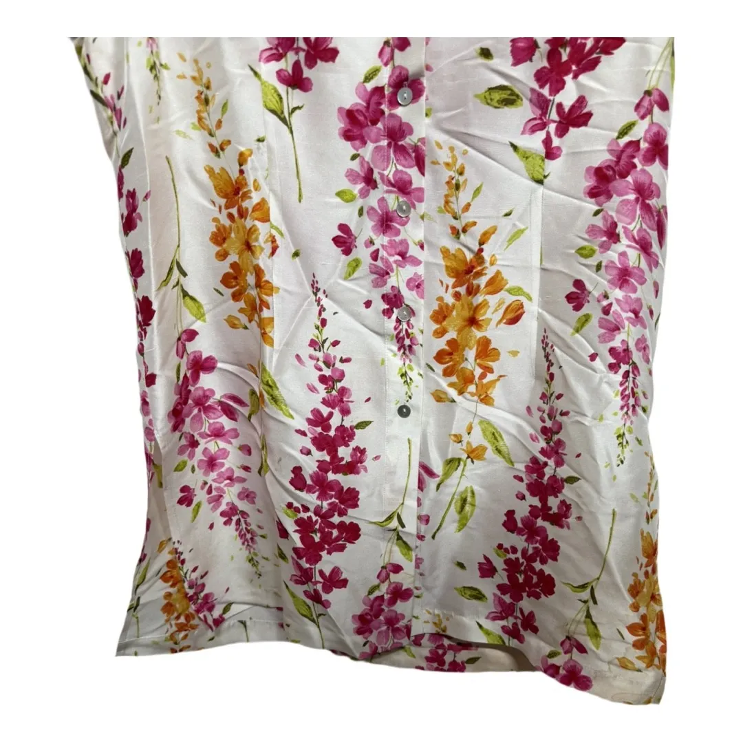 Sonia White Floral 100% Silk Sleeveless Blouse Size Large Button Up - Image 3