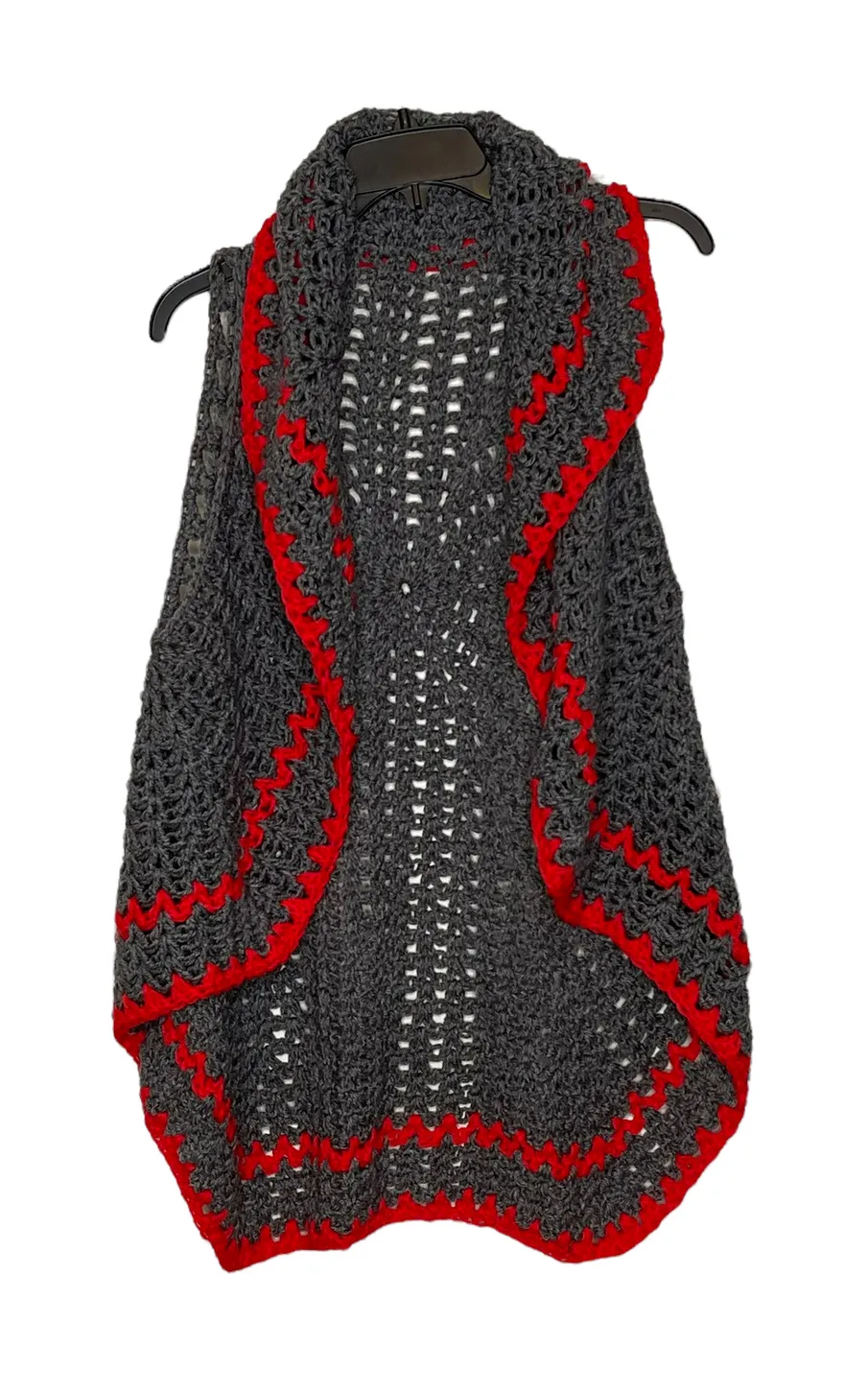 Vintage Hand Knit Afghan Sweater Vest Jacket Gray Red Open Size Medium? - Image 1