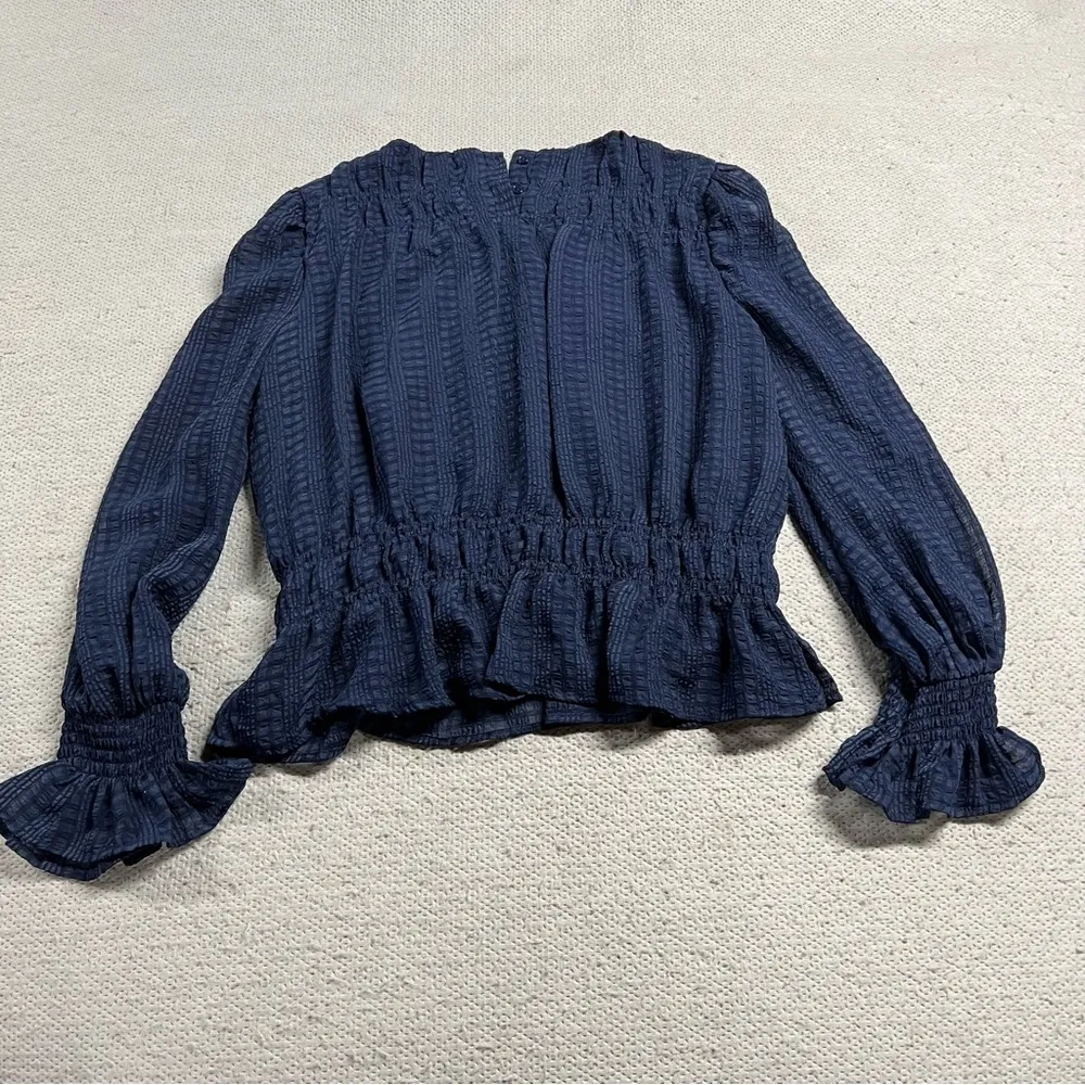 Navy Blue Textured Ruffle Semi Sheer Long Sleeve Blouse Size Medium EUC - Image 3