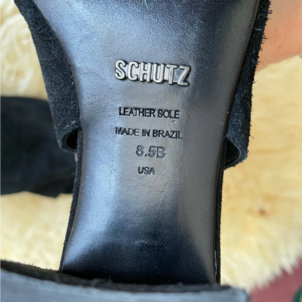 Schutz Binalia Wood block Heels Open peep toe booties tie back black suede - Image 7