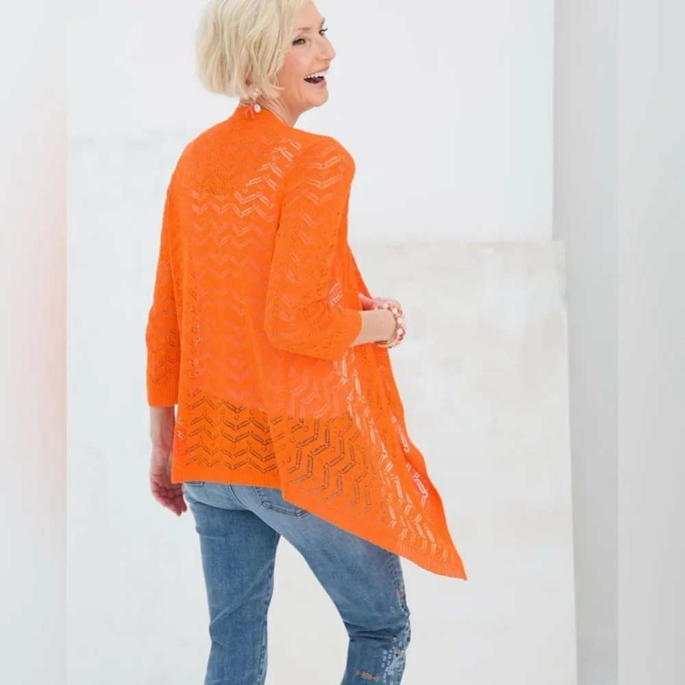 Chicos Size 3 (XL) Lily Open Knit Cardigan Sweater Long Sleeve Orange Shark Bite - Image 3