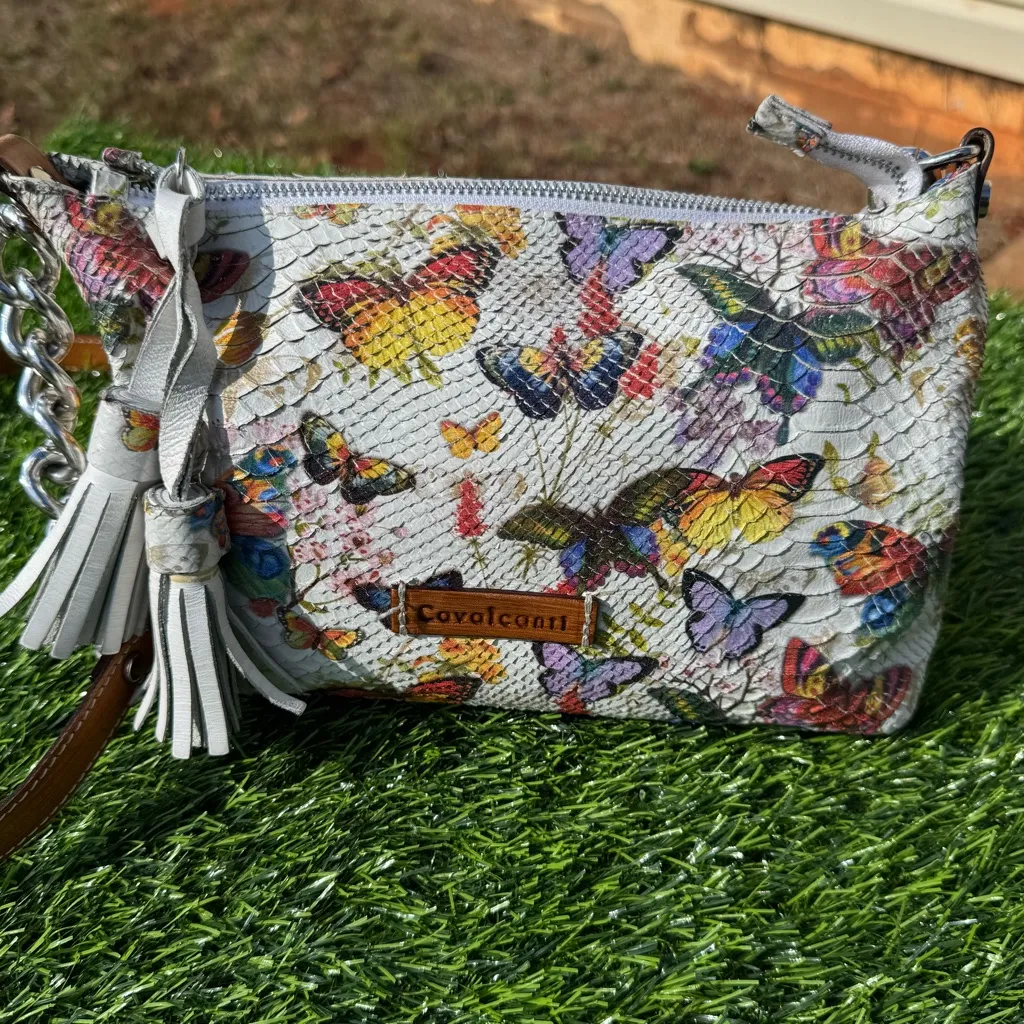 Cavalcanti Leather Purse Handpainted Butterfly Print Snakeskin Italy Bag Brown - Image 4