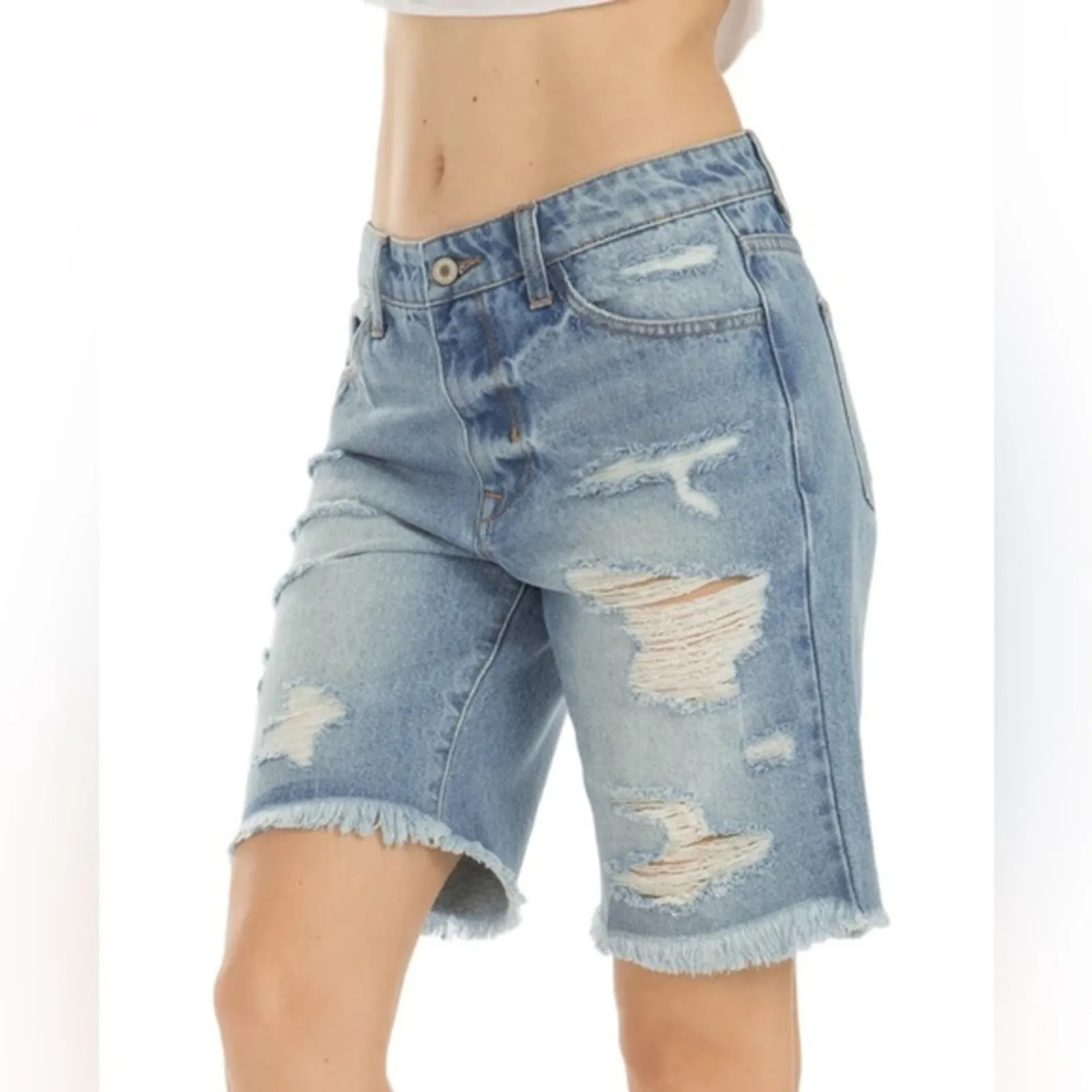 KanCan Bermuda Jean Shorts Womens XS Light Was Denim Distressed Boyfriend Grunge Blue - Image 2