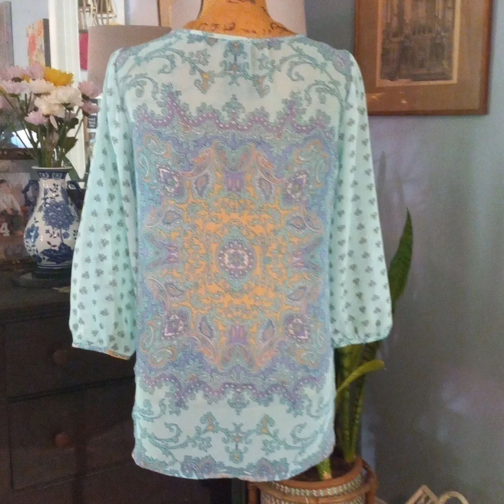 Ann Taylor Aqua and Lavender Paisley Print Boho Sheer Peasant Blouse - Image 7