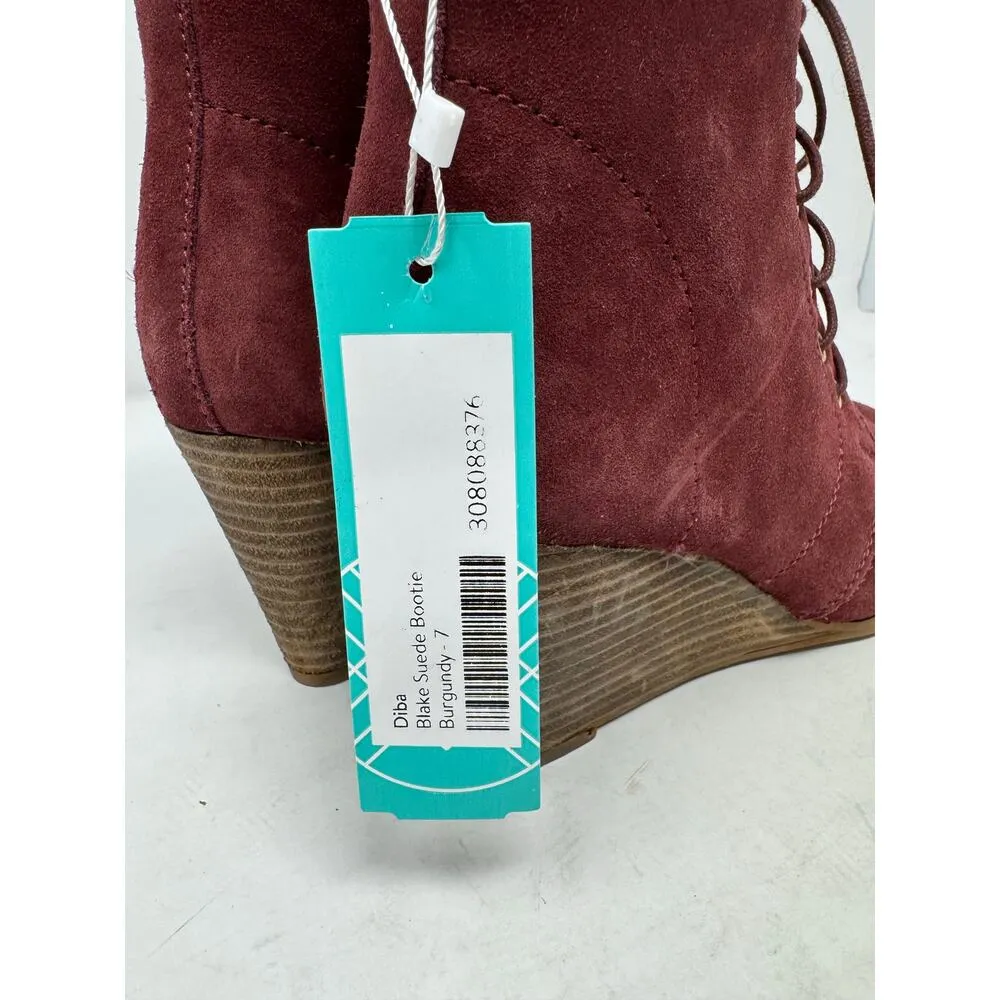 Diba Blake Suede Bootie Burgundy Ankle Boot Lace Up Wedges Size 7 NWOB Red - Image 12