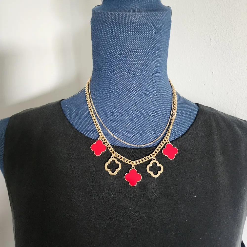 Gold and Red Quatrefoil Clover Flower Double Strand Gold Chain Necklace New - Image 5