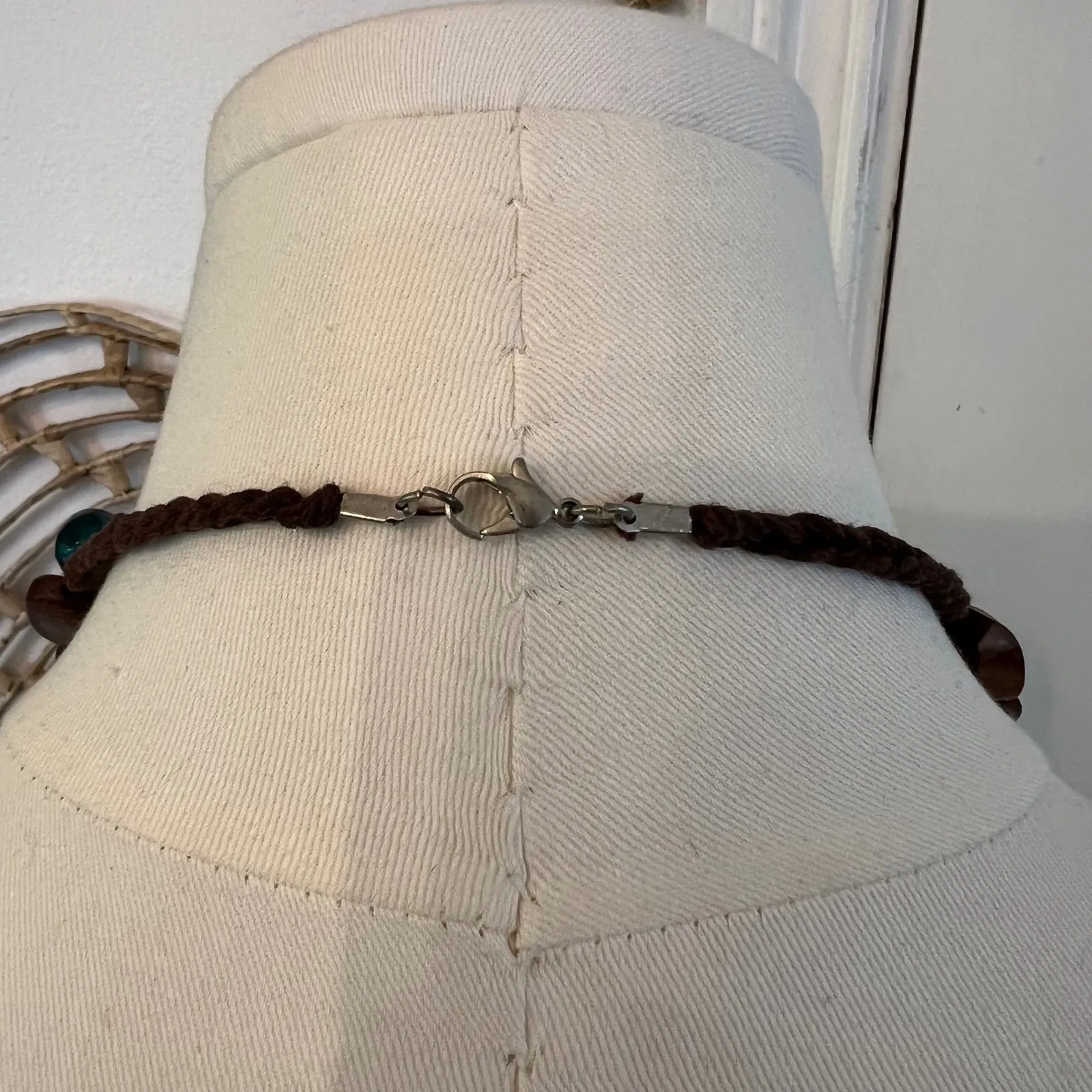 Vintage Boho Tribal Beaded Necklace Brown Wood Carved Shell Teal Layered Strand - Image 4