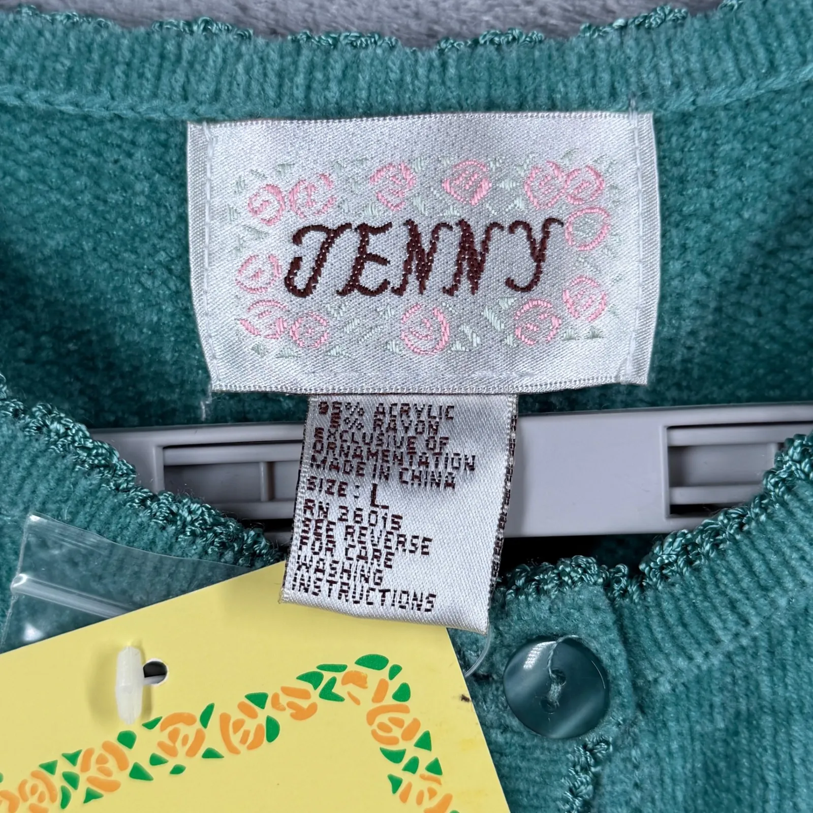 Jenny Cardigan Sweater Teal Cable Knit Beads Floral Granny Cottagecore L Vintage Green Size L - Image 6