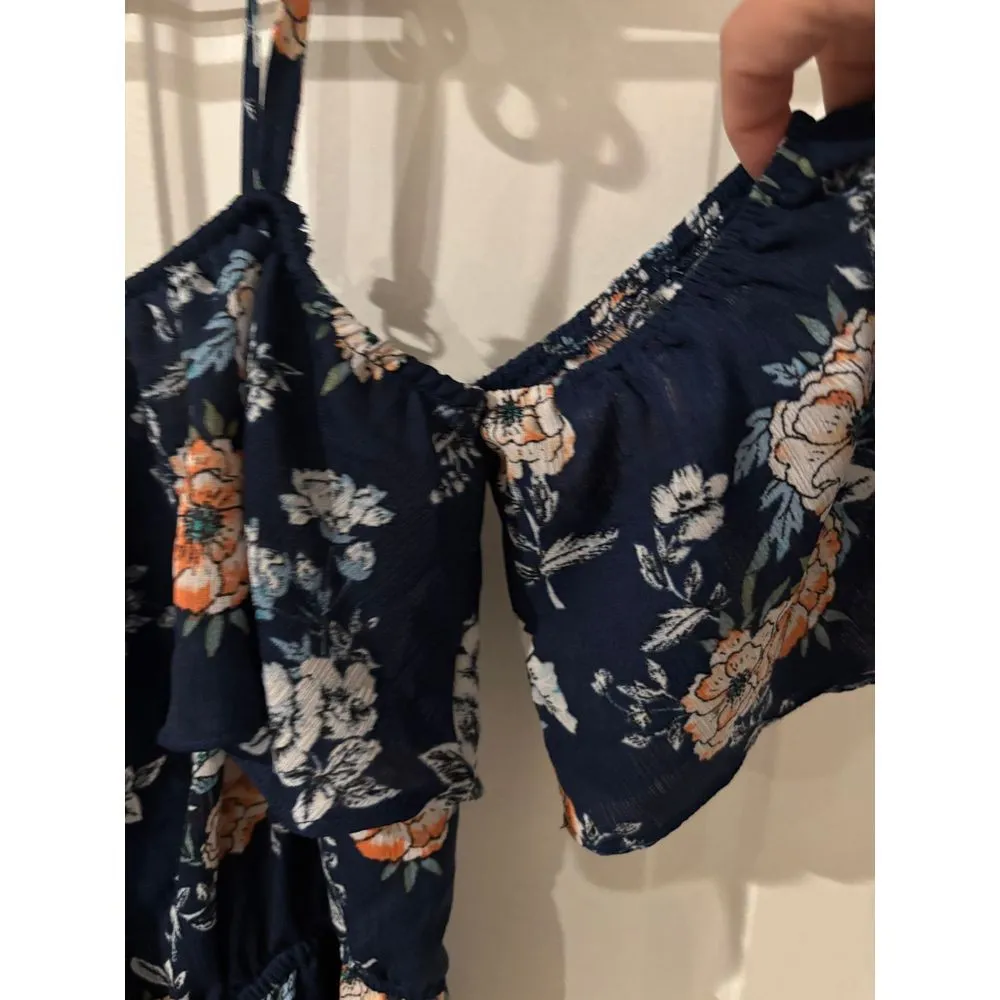 AS U WISH Navy Blue Floral‎ Overlay Jumpsuit Romper  Size M - Image 3