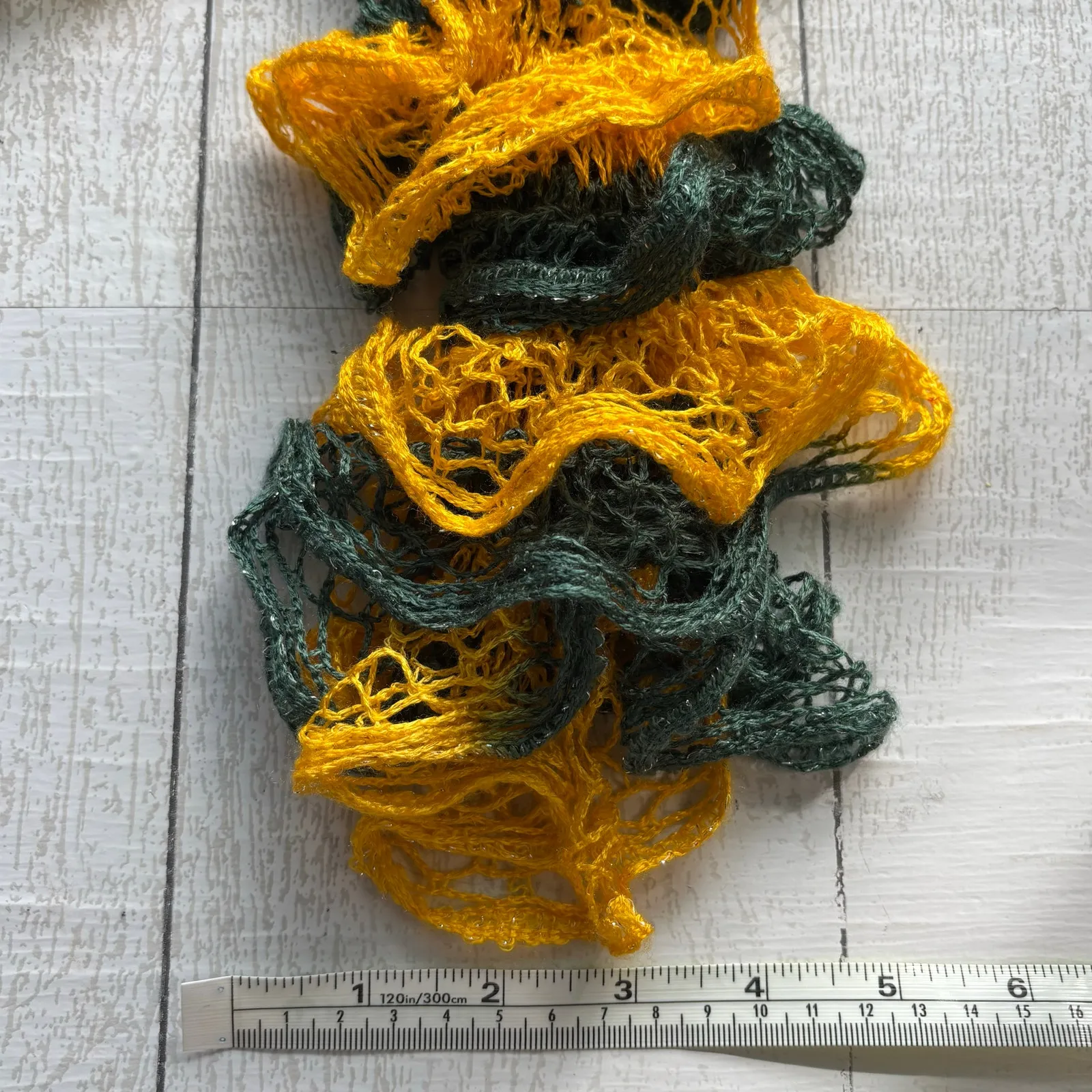 Handmade Crocheted Green and Yellow Ruffle Scarf With Silver Thread Accents - Image 6
