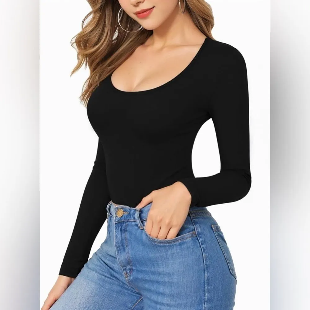 Women's Scoop Neck Long Sleeve Slim Fit T-Shirt Black (42) - Image 3