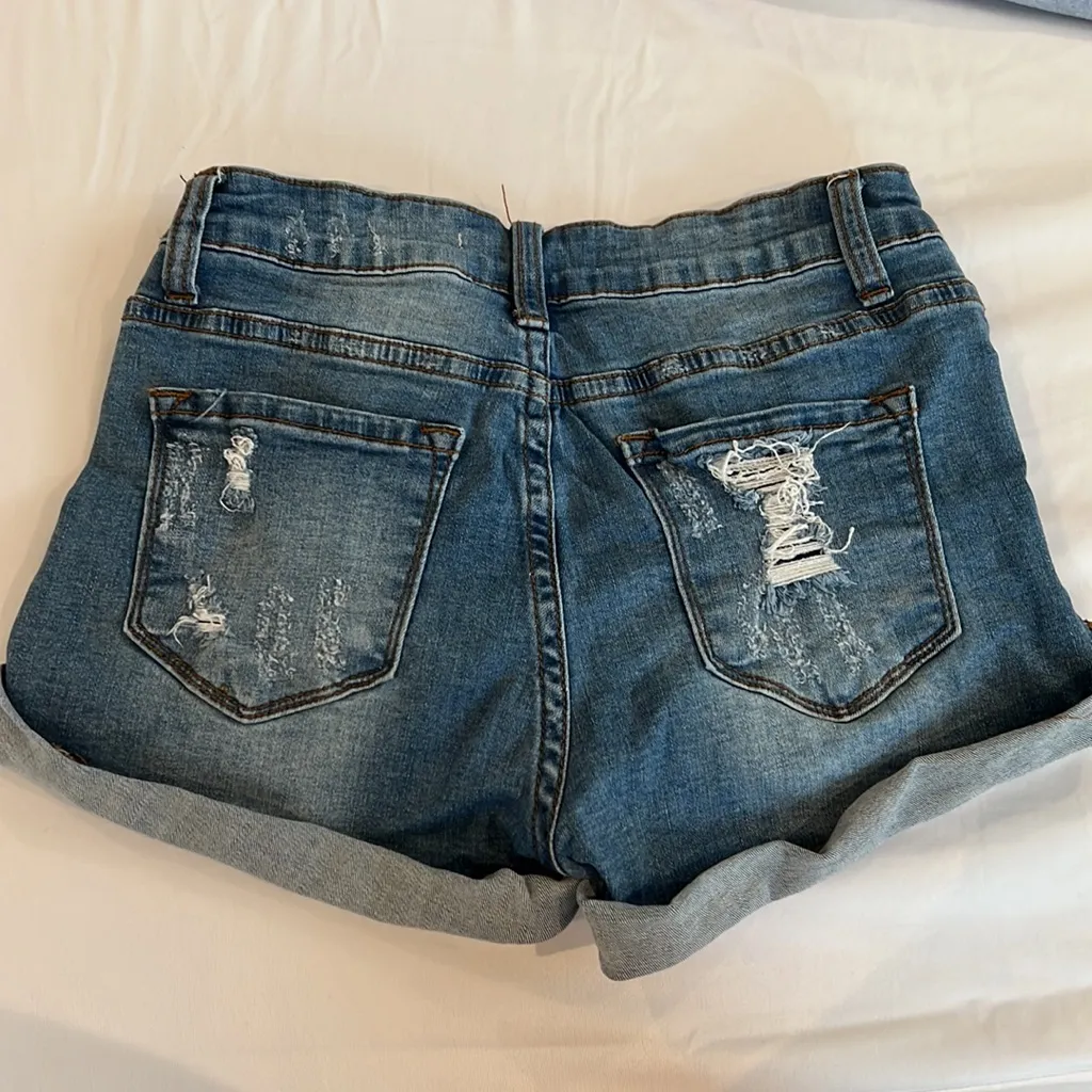 Women size 25 blue Jeans shorts distressed ripped details stretchy folded hem - Image 4