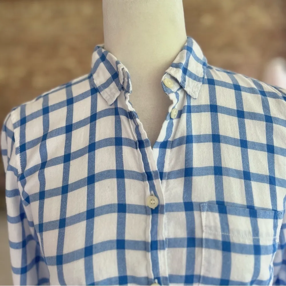 J. Crew Factory Top Shirt Plaid Flannel Blue White XS Preppy Casual Work - Image 3