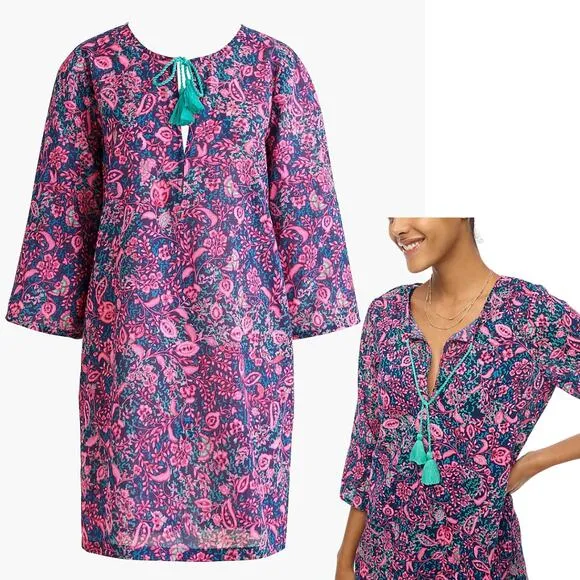 NEW J. Crew Printed Beach Tunic Pink Tassel Swim Coverup 3/4 Sleeve Tropical 2XL - Image 3