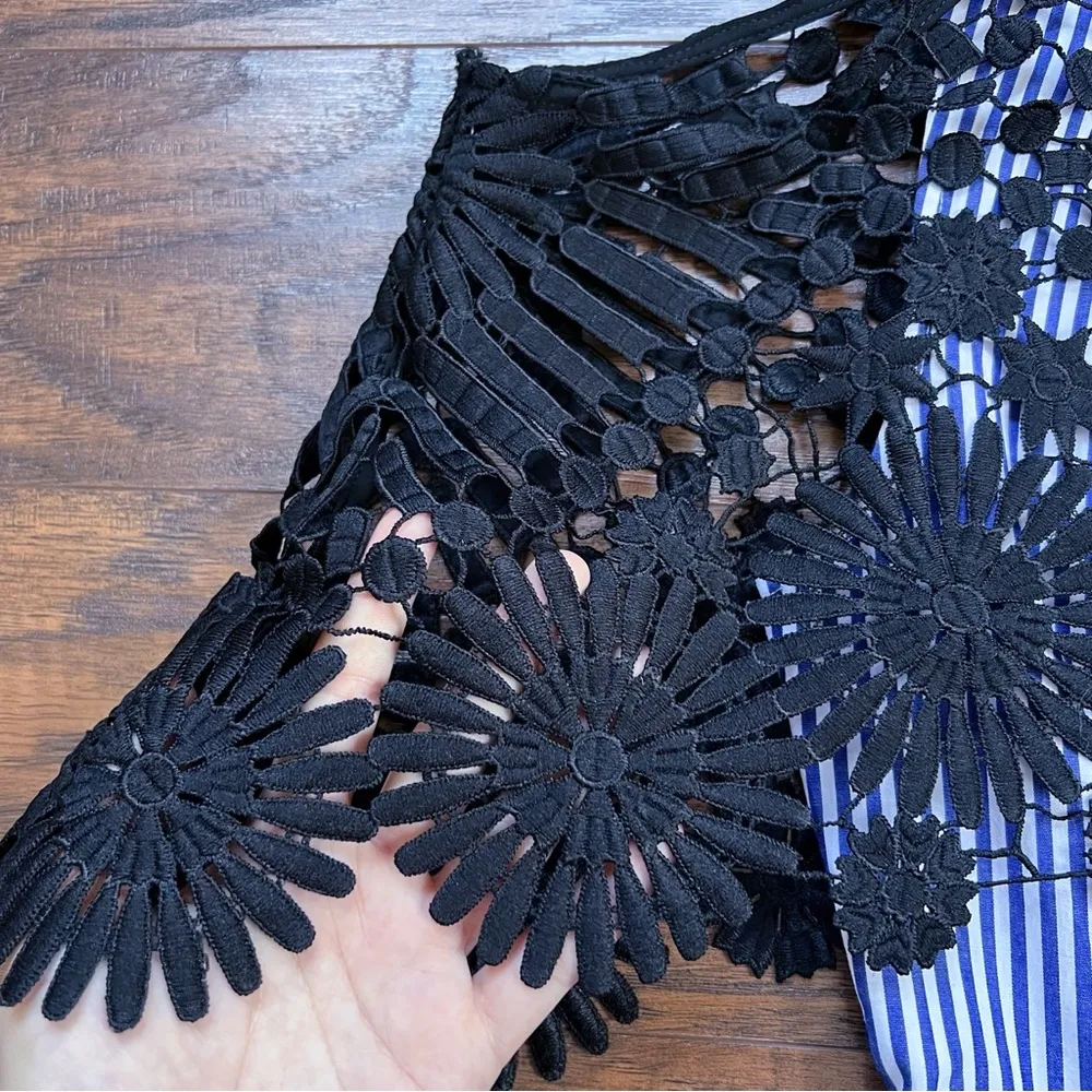 FEW MODA • Shirting Lace Cape Mini Dress blue white striped black open shoulder - Image 7