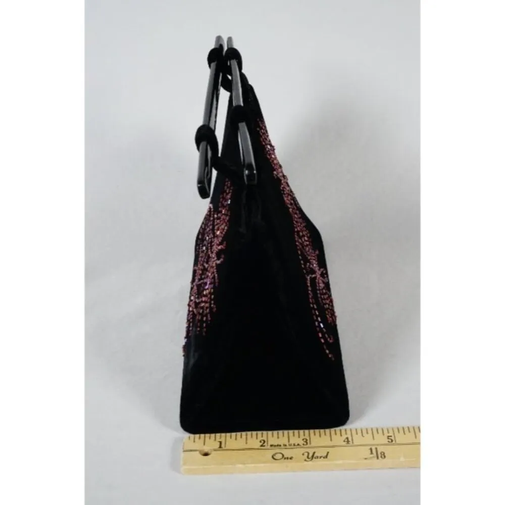 Black Beaded Clutch Handbag Purse Velvet Velour Sunburst Sparkle Vintage - Image 2