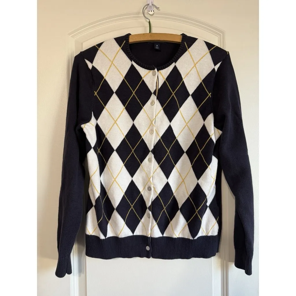Lands End Sweater Womens Medium Argyle Navy White Crew Neck Long Sleeve Academia - Image 9