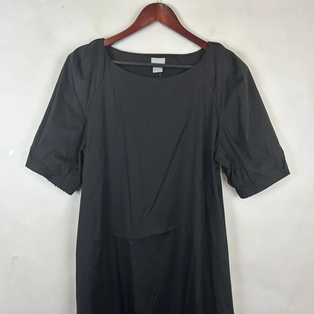 NEW CHICOS Size 1 US M 8/10 black Puff Sleeve Dress Casual Midi Length Shift - Image 2