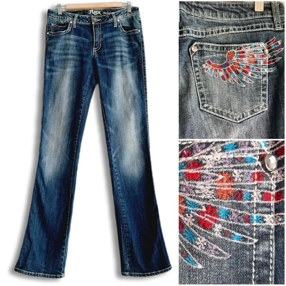 Rock 47 by WRANGLER Wings Embroidered Ultra Low Rise Bootcut Jeans Sz 7/8 - Image 3