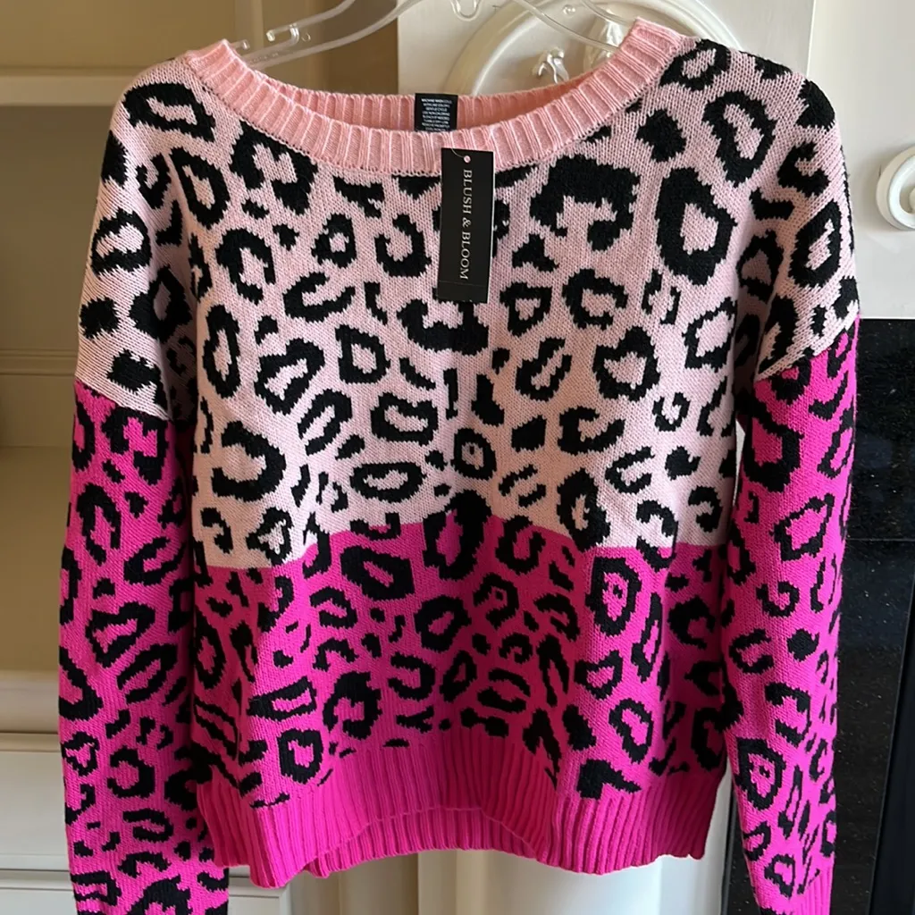 Leopard Print Colorful Sweater Pink Crew Neck New Acrylic Color Block Size undefined - Image 6