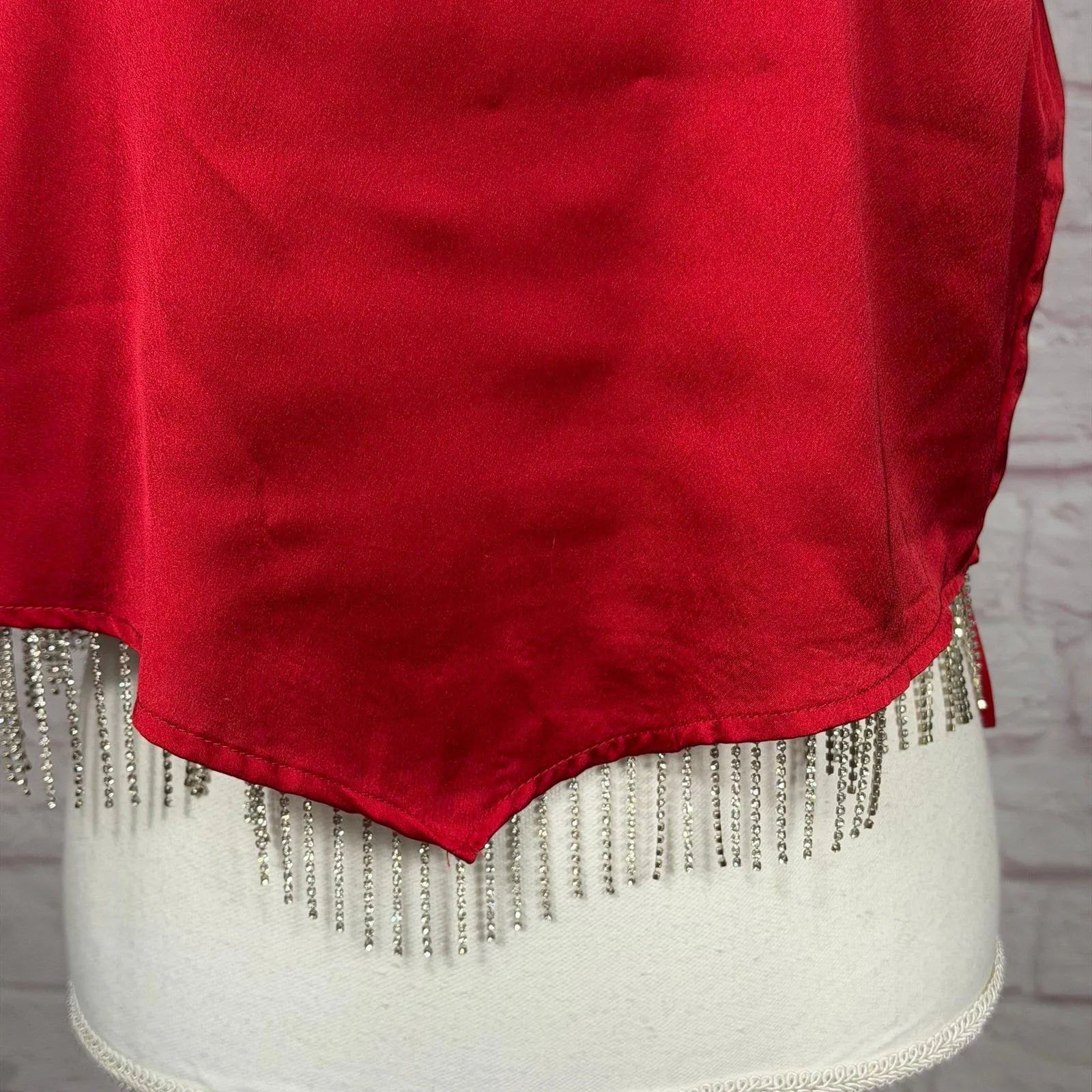 Blue B Collection Red Satin Halter Top with Fringe Large NWT - Image 3