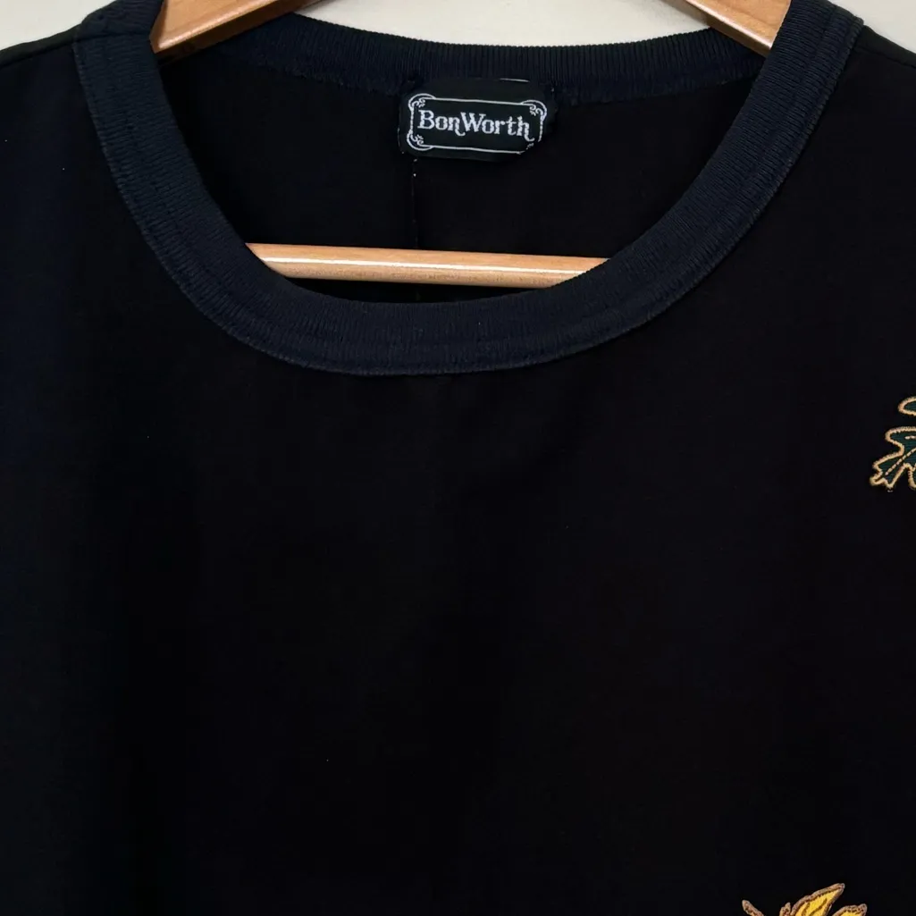 💥 VTG 90s Bon Worth Autumn Leaves Quarter Sleeve Black Size L - Image 3