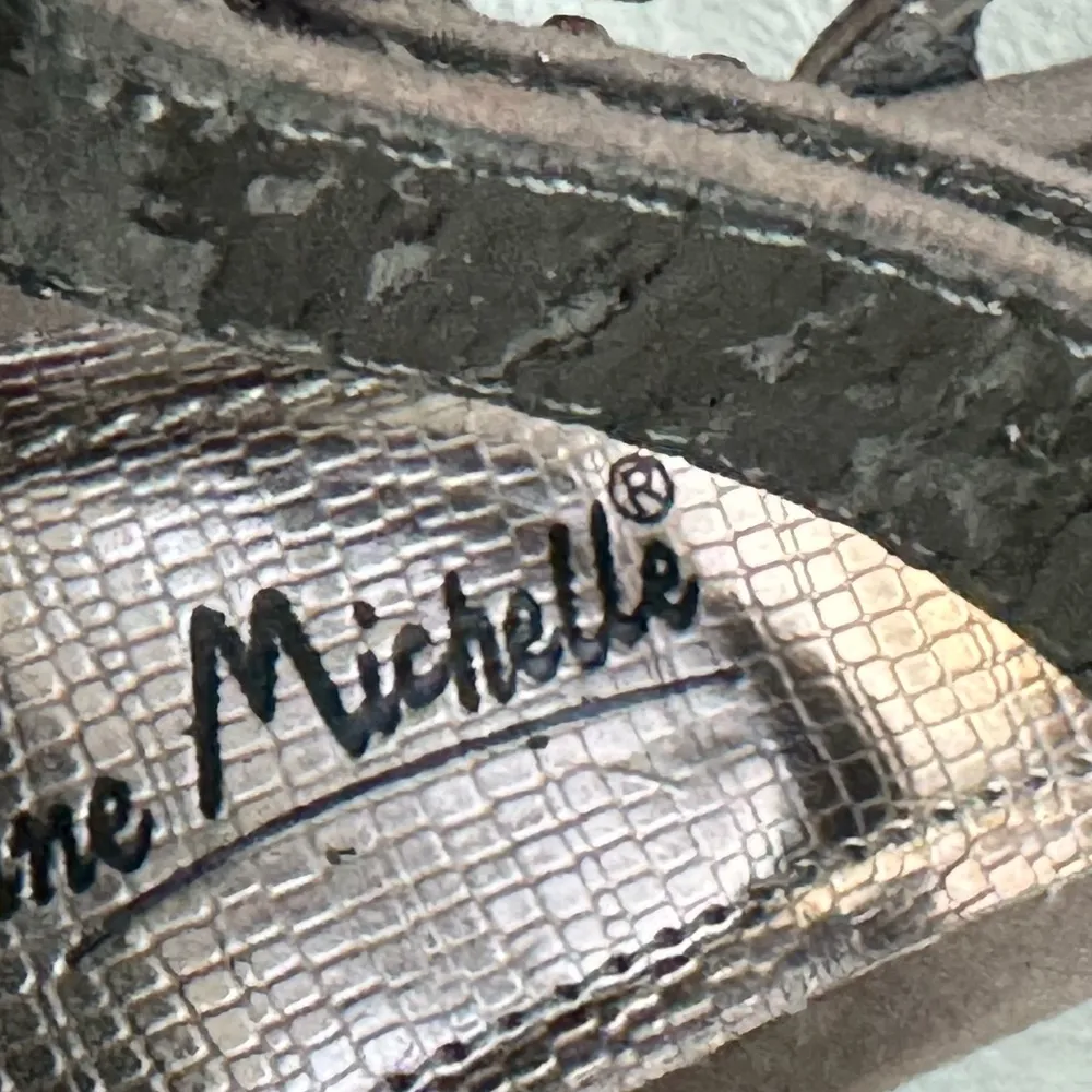 Grey heels with stone details on the straps and adjustable ankle closure. - Image 7