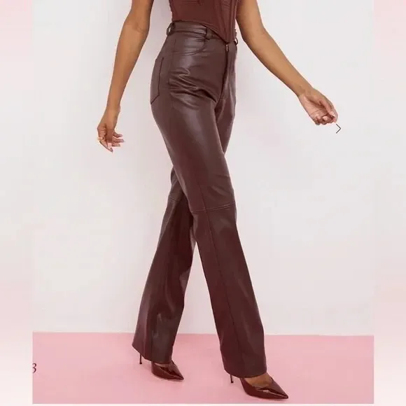 House of CB Inaya Chocolate Brown Stretch Vegan Leather Trousers Size Large - Image 2