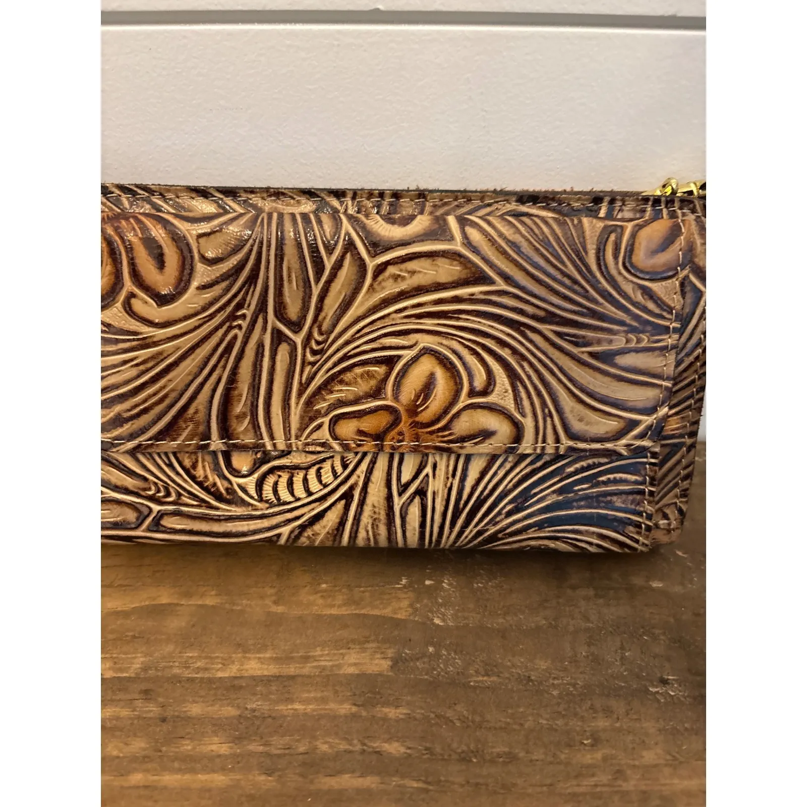 Patricia Nash Hand Tooled Leather Floral Wallet Wristlet Clutch Brown Zip Around - Image 2