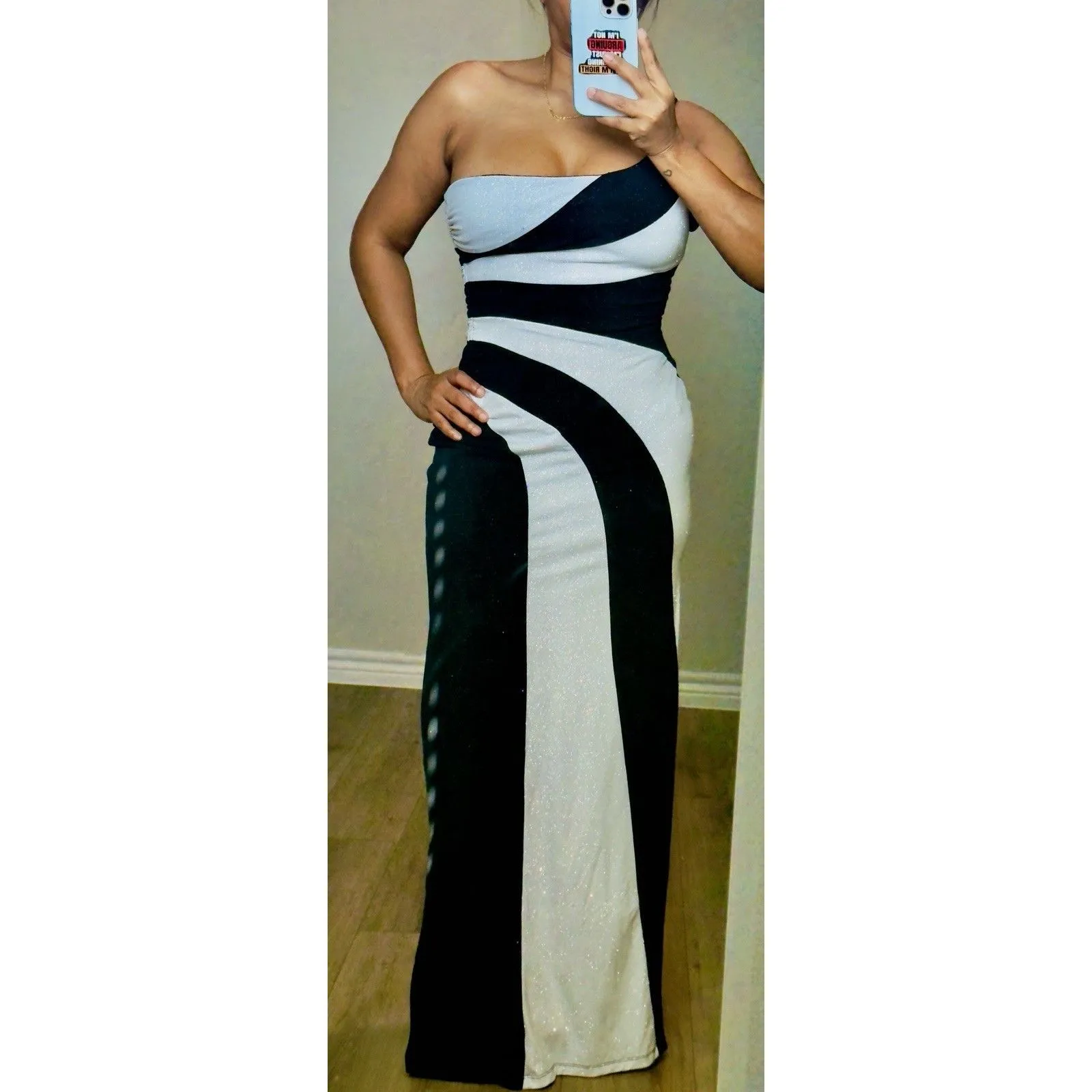 Y2K Maxi Dress one shoulder Stretch Stripes White Black Size M USA shimmery - Image 3