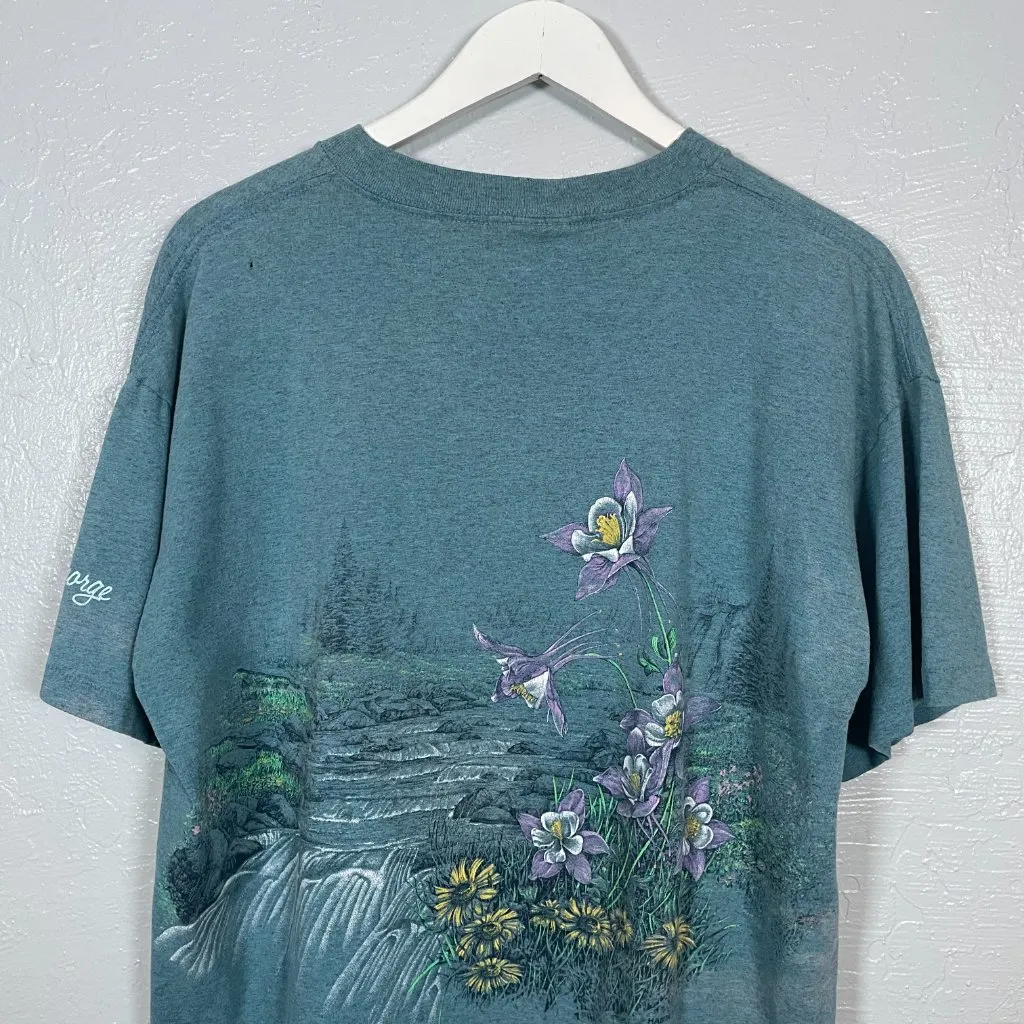 Vintage Signal Sport Unisex XL Blue Lake George Shirt Floral Hummingbird - Image 8