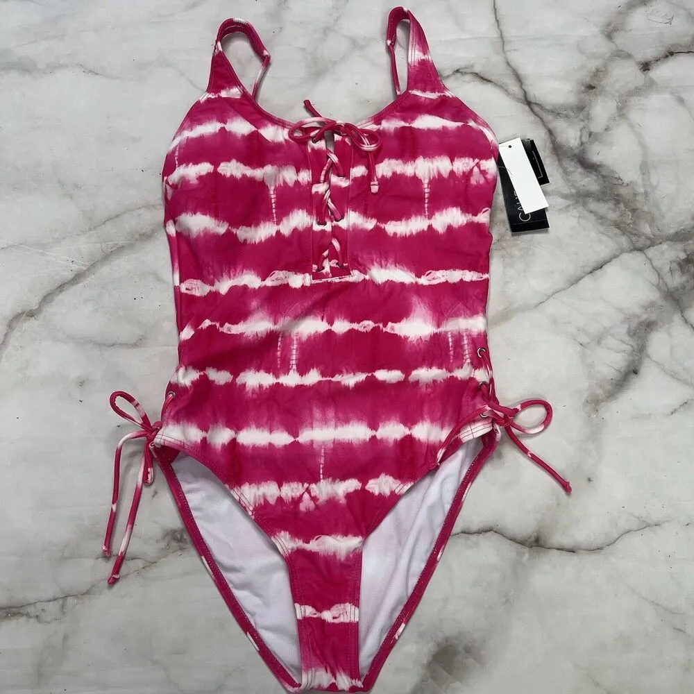 California Waves Pink Juniors' Tie-Dyed Stripe One-Piece Swimsuit Size M Lace Up - Image 2
