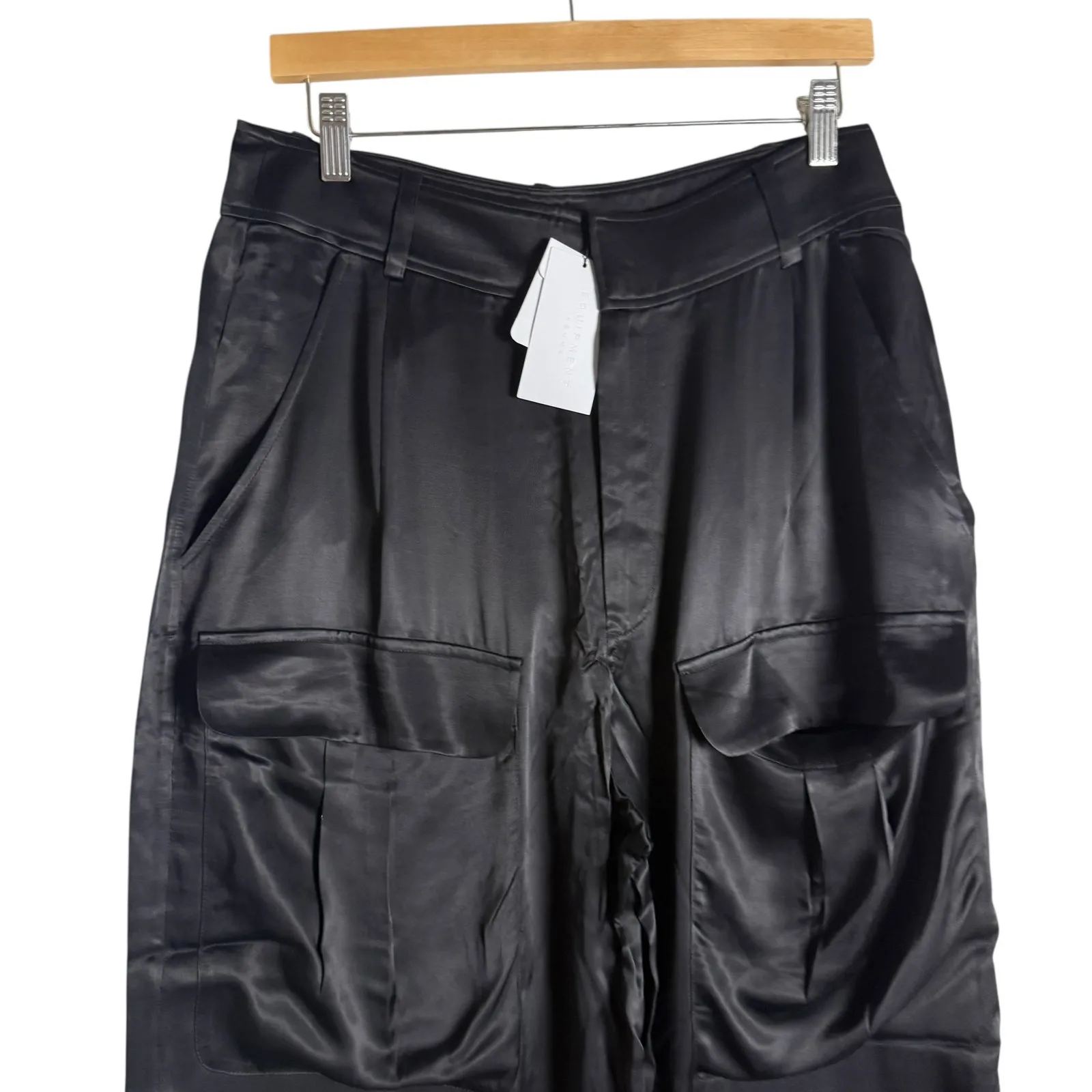 Equipment Ines Black Satin Wide Leg Cargo Pocket Trouser Pants Size 10 - Image 4