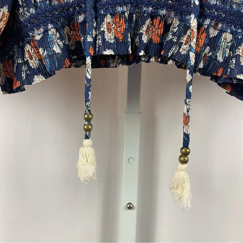 POL Medium Peasant Floral Boho Pleated Puff Sleeve Crop Top Cottagecore Tassel - Image 4
