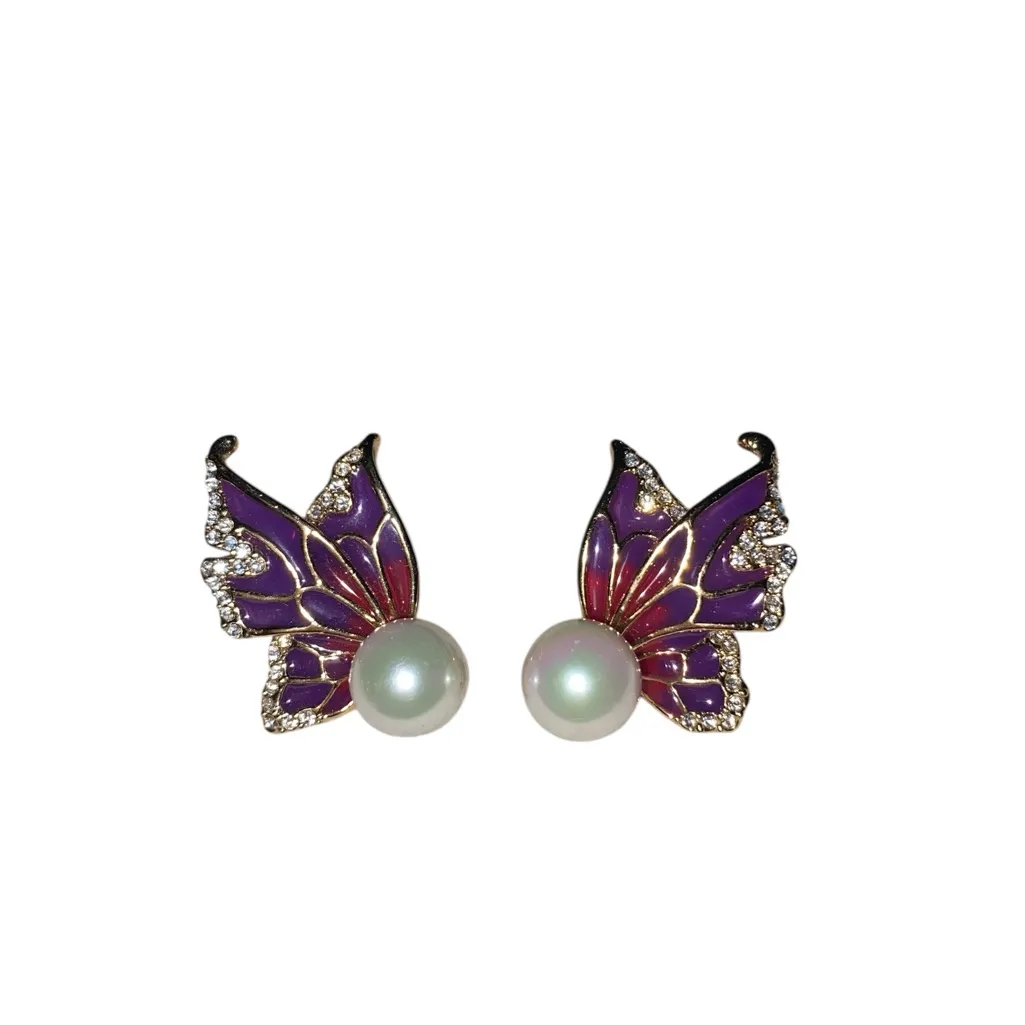 Enamel Butterfly purple pink Gold faux Pearl Earrings Fairy core fancy Glam - Image 2